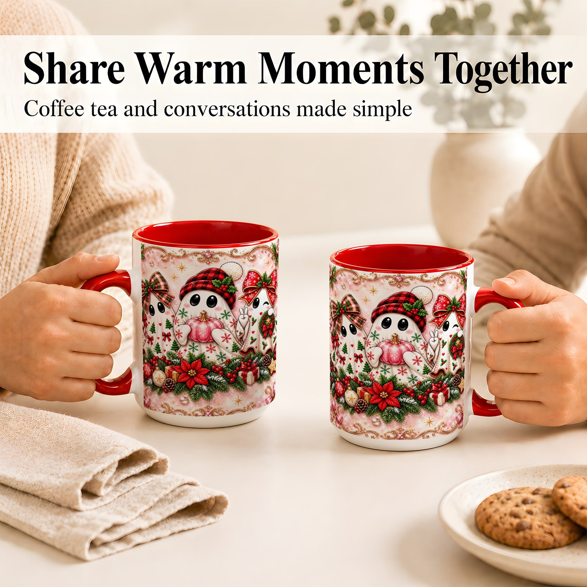 #pl[15oz|Red] Pink Christmas Ghost Coffee Mug, Holiday Ghost Mug, Ceramic Cup