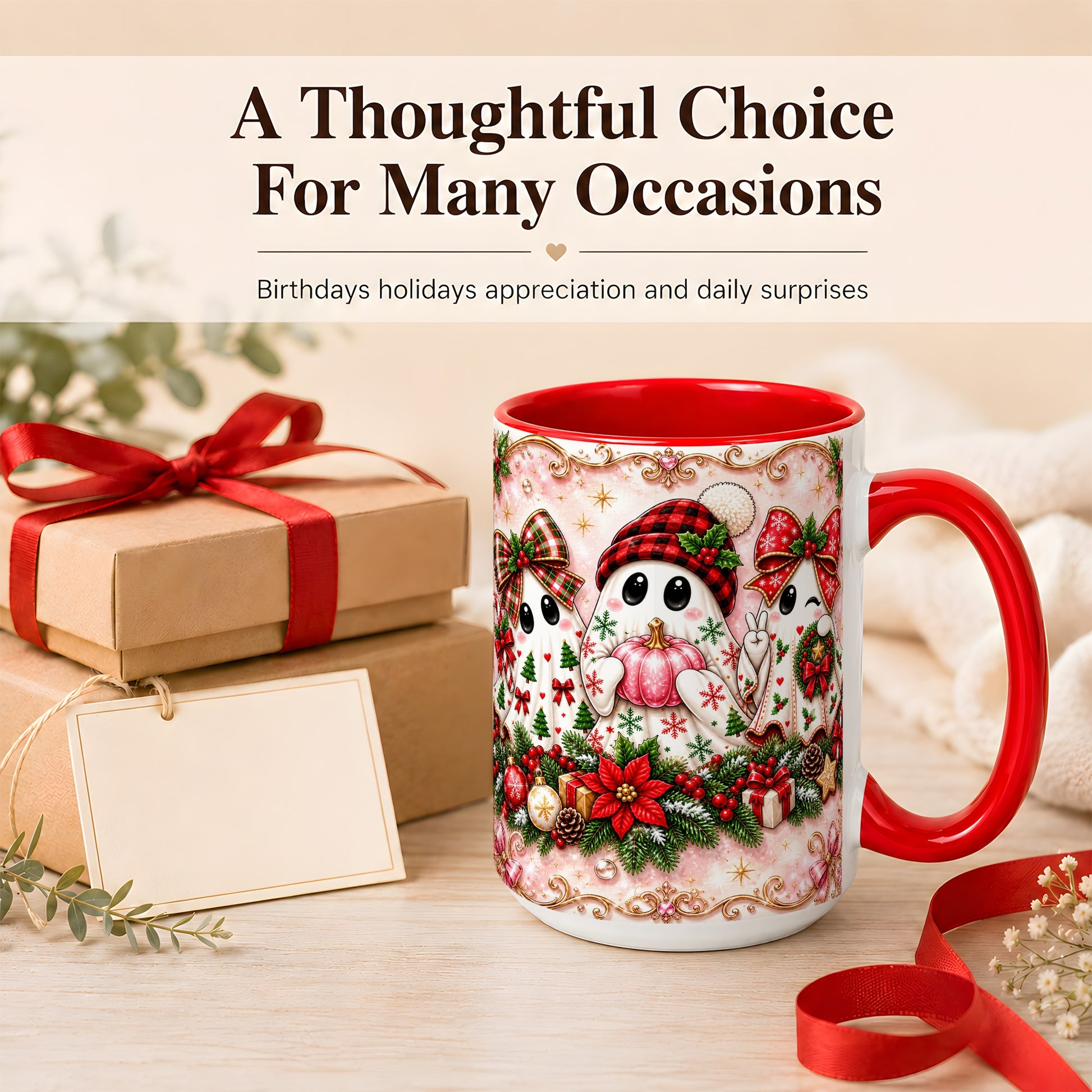 #pl[15oz|Red] Pink Christmas Ghost Coffee Mug, Holiday Ghost Mug, Ceramic Cup