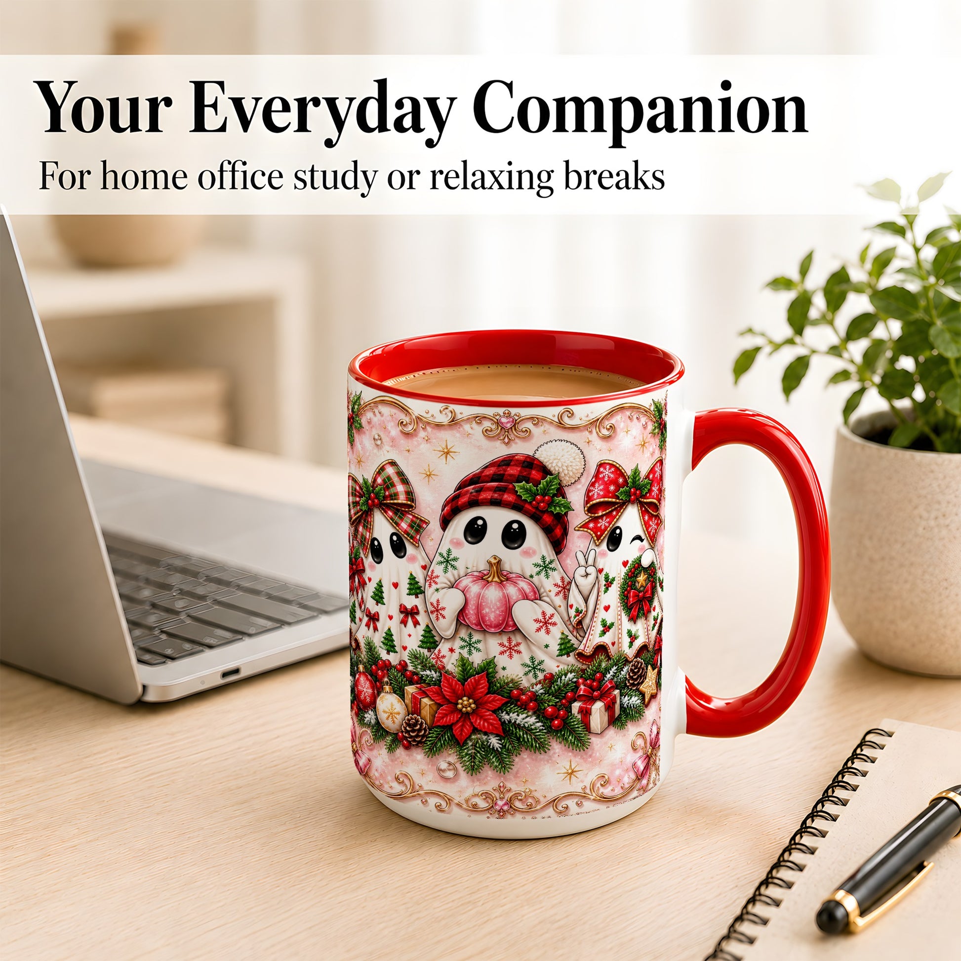 #pl[15oz|Red] Pink Christmas Ghost Coffee Mug, Holiday Ghost Mug, Ceramic Cup