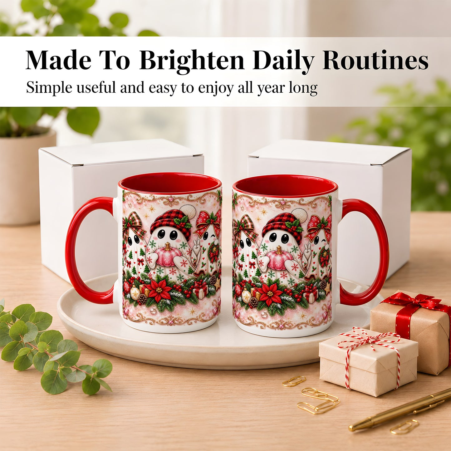 #pl[15oz|Red] Pink Christmas Ghost Coffee Mug, Holiday Ghost Mug, Ceramic Cup