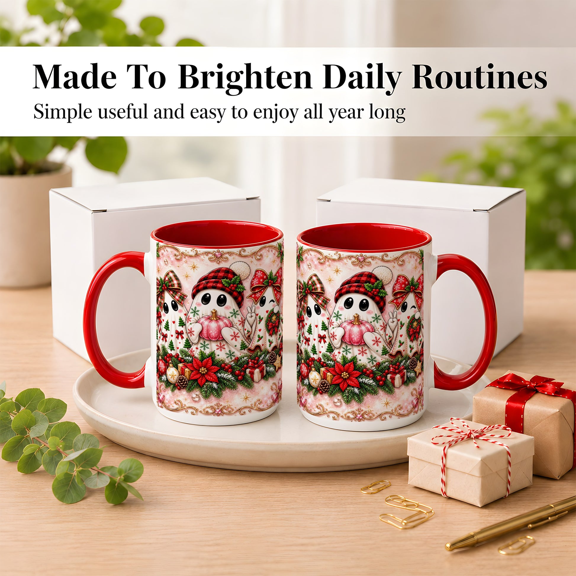 #pl[15oz|Red] Pink Christmas Ghost Coffee Mug, Holiday Ghost Mug, Ceramic Cup