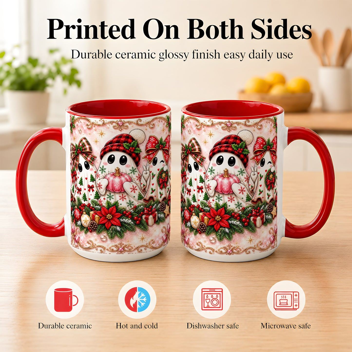 #pl[15oz|Red] Pink Christmas Ghost Coffee Mug, Holiday Ghost Mug, Ceramic Cup