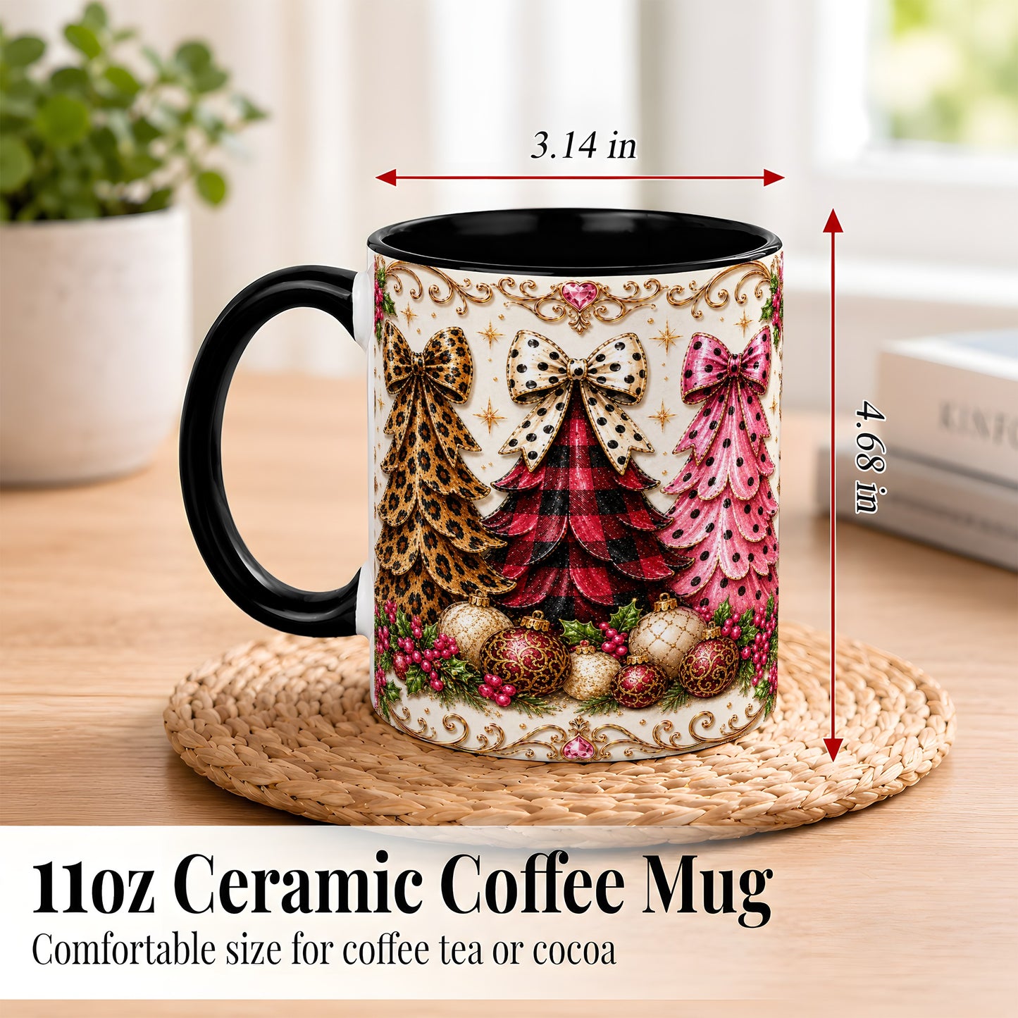#pl[11oz|Black] Leopard Plaid Christmas Tree Coffee Mug, Holiday Tree Mug, Ceramic Cup