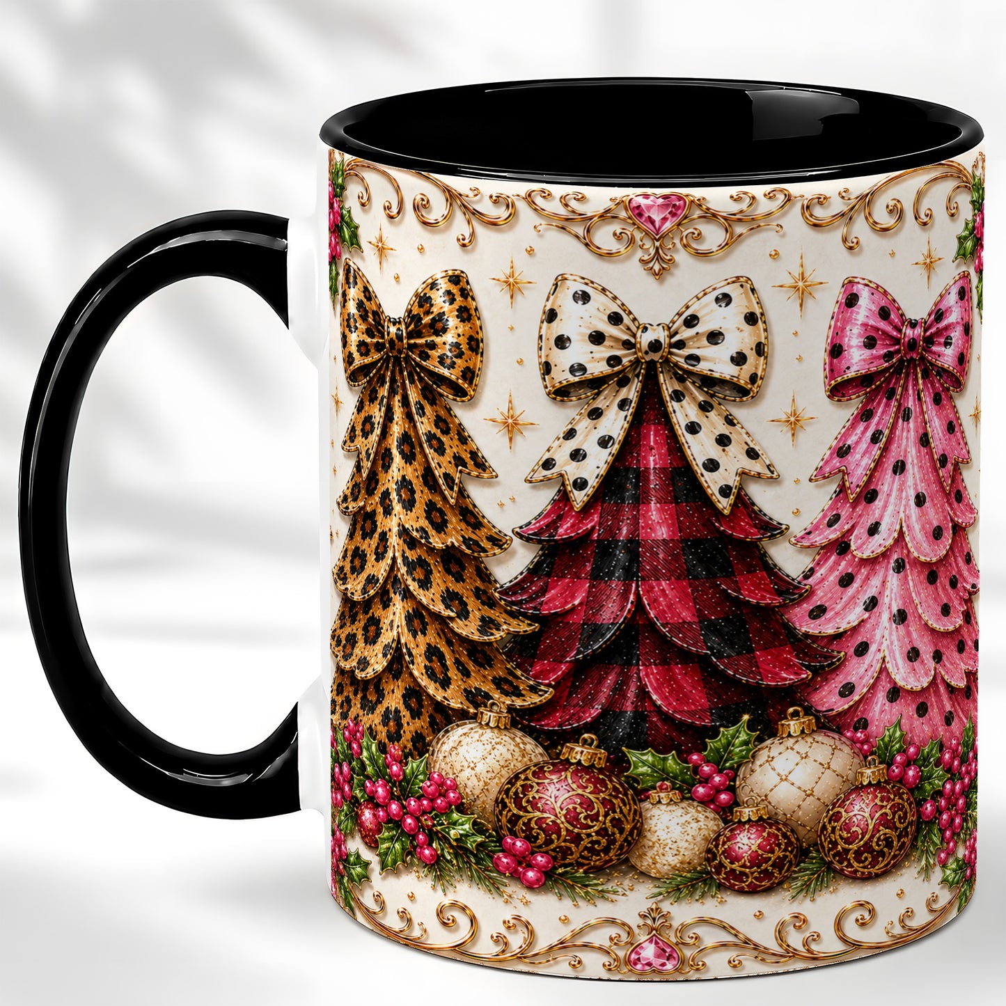 #pl[11oz|Black] Leopard Plaid Christmas Tree Coffee Mug, Holiday Tree Mug, Ceramic Cup