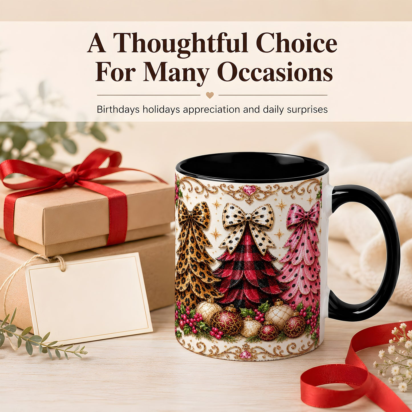 #pl[11oz|Black] Leopard Plaid Christmas Tree Coffee Mug, Holiday Tree Mug, Ceramic Cup