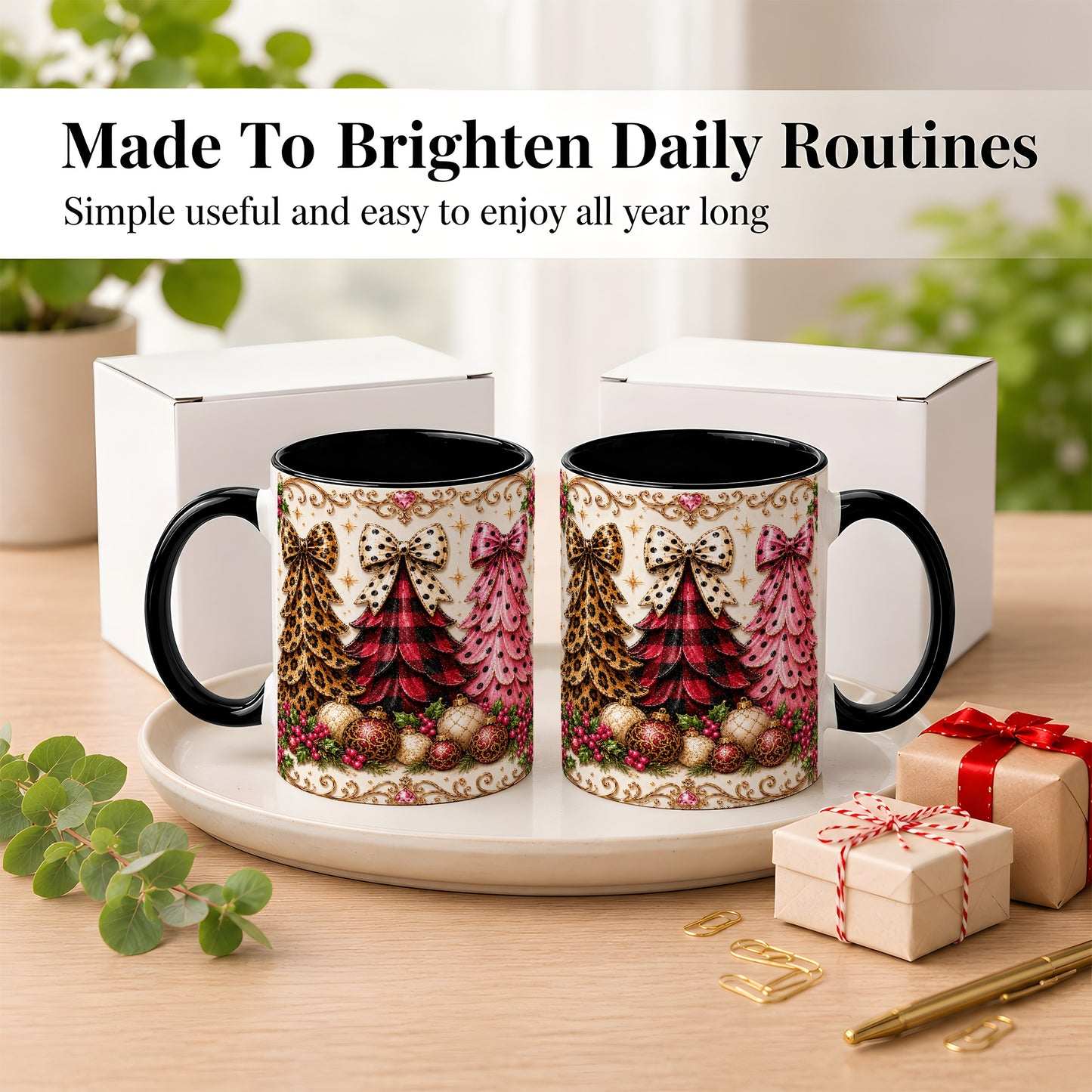 #pl[11oz|Black] Leopard Plaid Christmas Tree Coffee Mug, Holiday Tree Mug, Ceramic Cup
