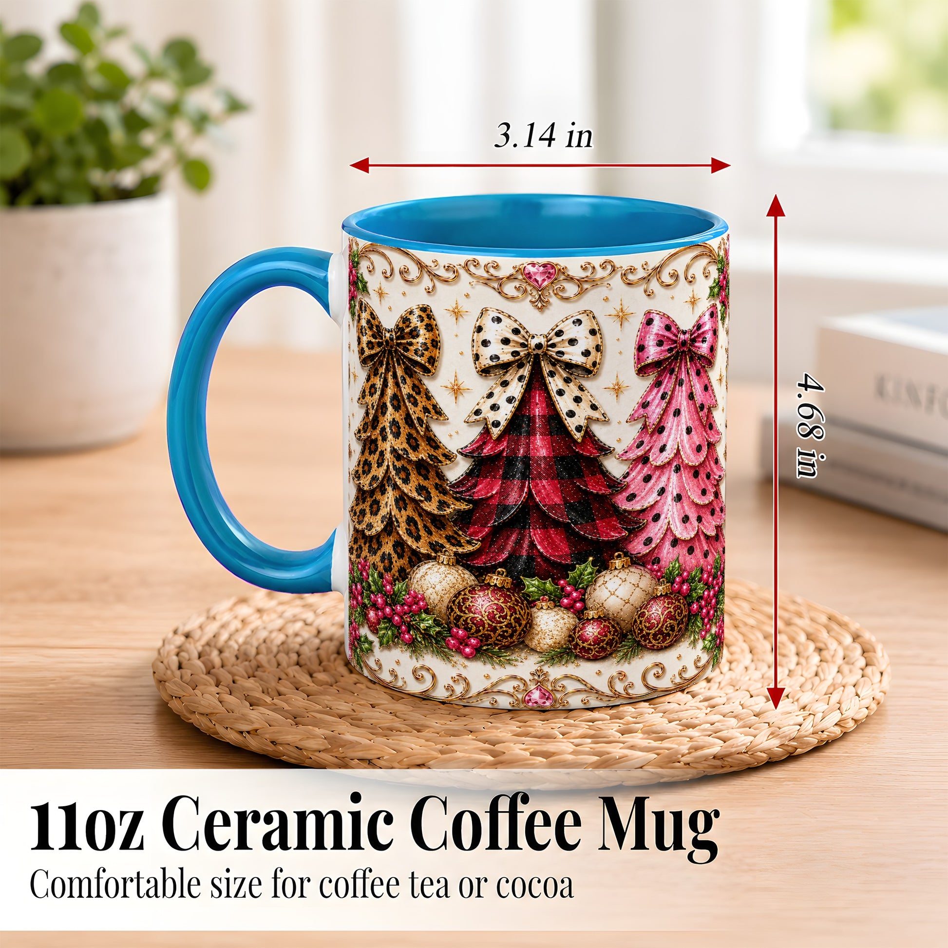 #pl[11oz|Blue] Leopard Plaid Christmas Tree Coffee Mug, Holiday Tree Mug, Ceramic Cup