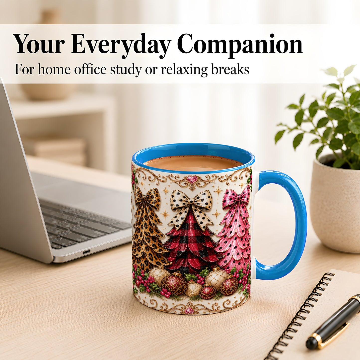 #pl[11oz|Blue] Leopard Plaid Christmas Tree Coffee Mug, Holiday Tree Mug, Ceramic Cup
