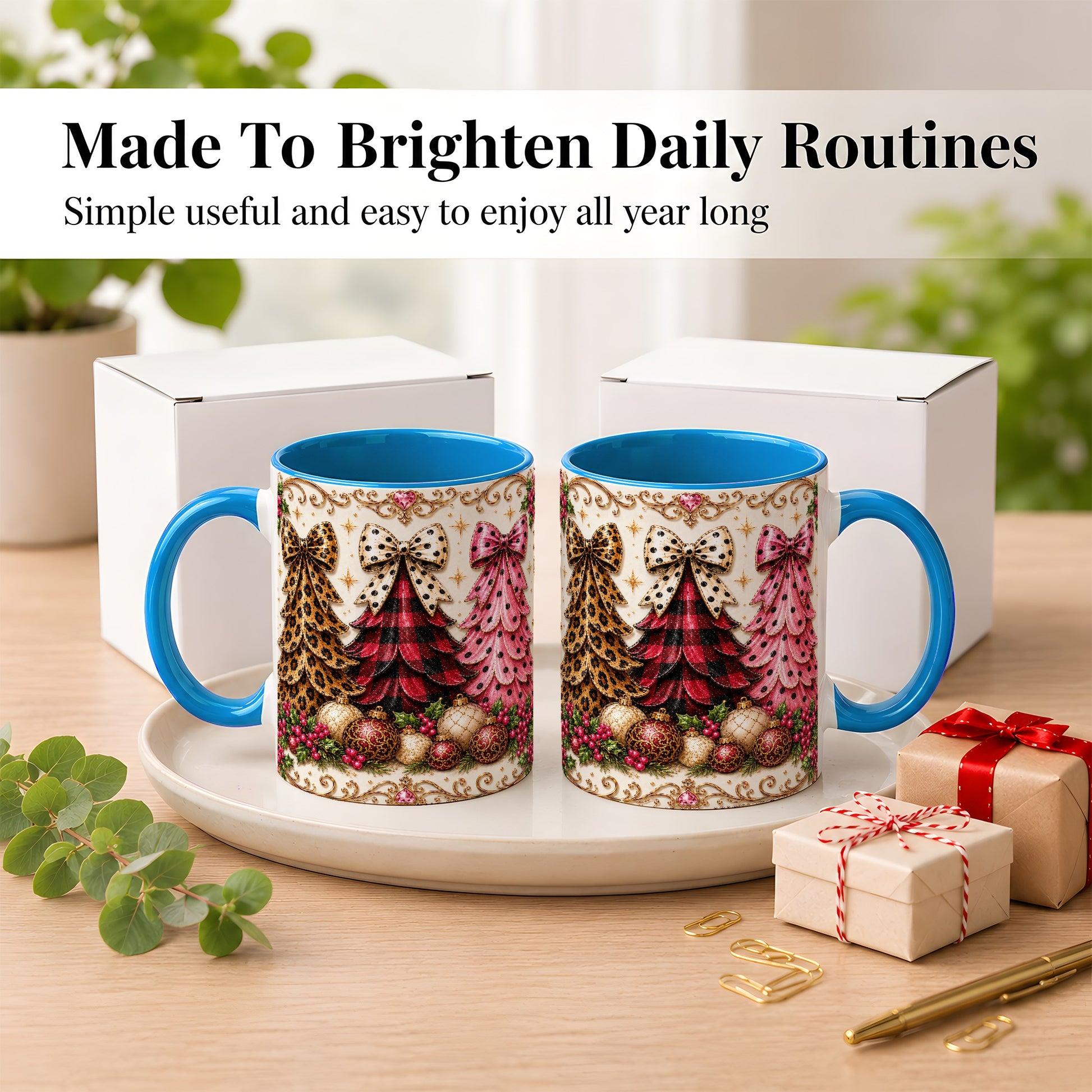 #pl[11oz|Blue] Leopard Plaid Christmas Tree Coffee Mug, Holiday Tree Mug, Ceramic Cup