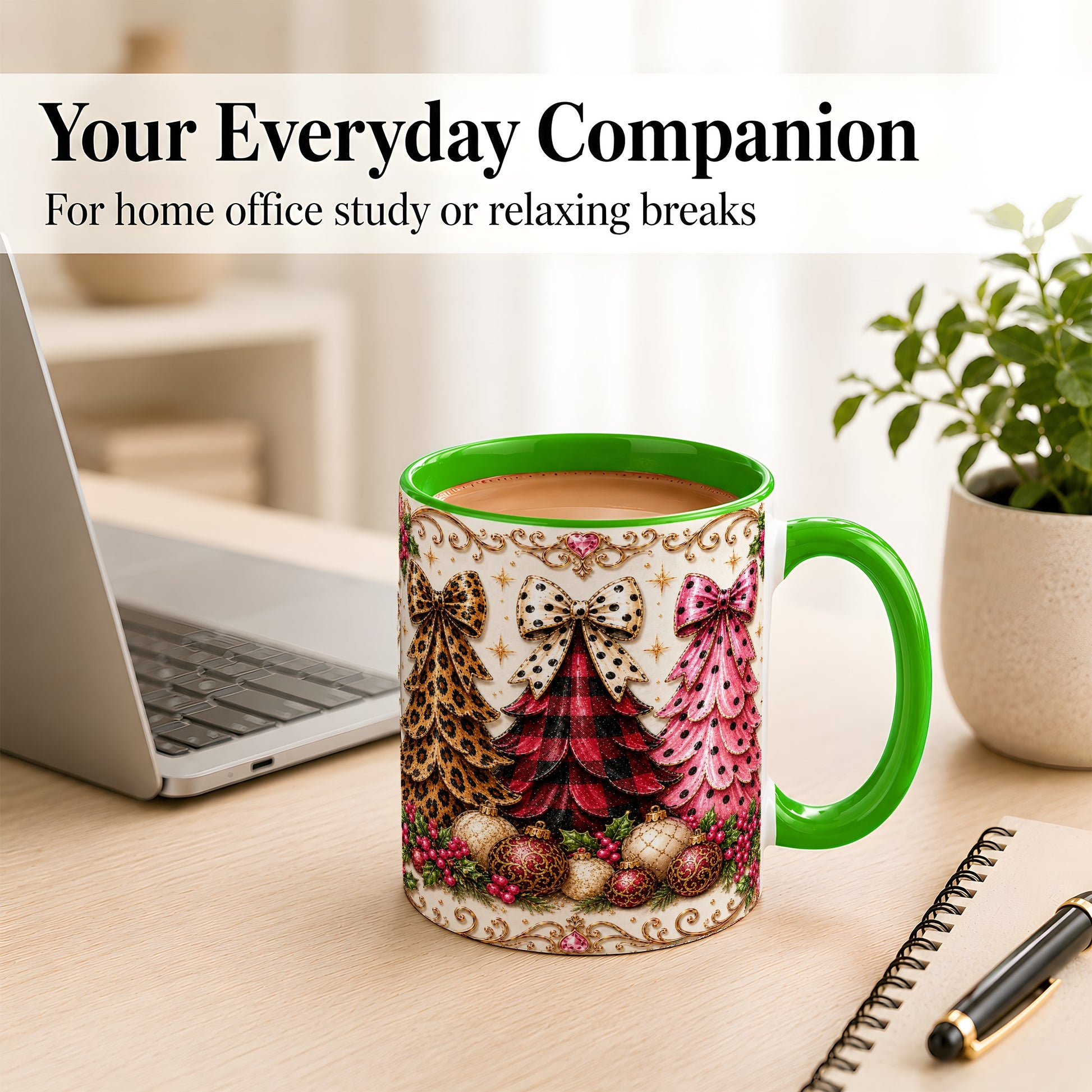 #pl[11oz|Green] Leopard Plaid Christmas Tree Coffee Mug, Holiday Tree Mug, Ceramic Cup