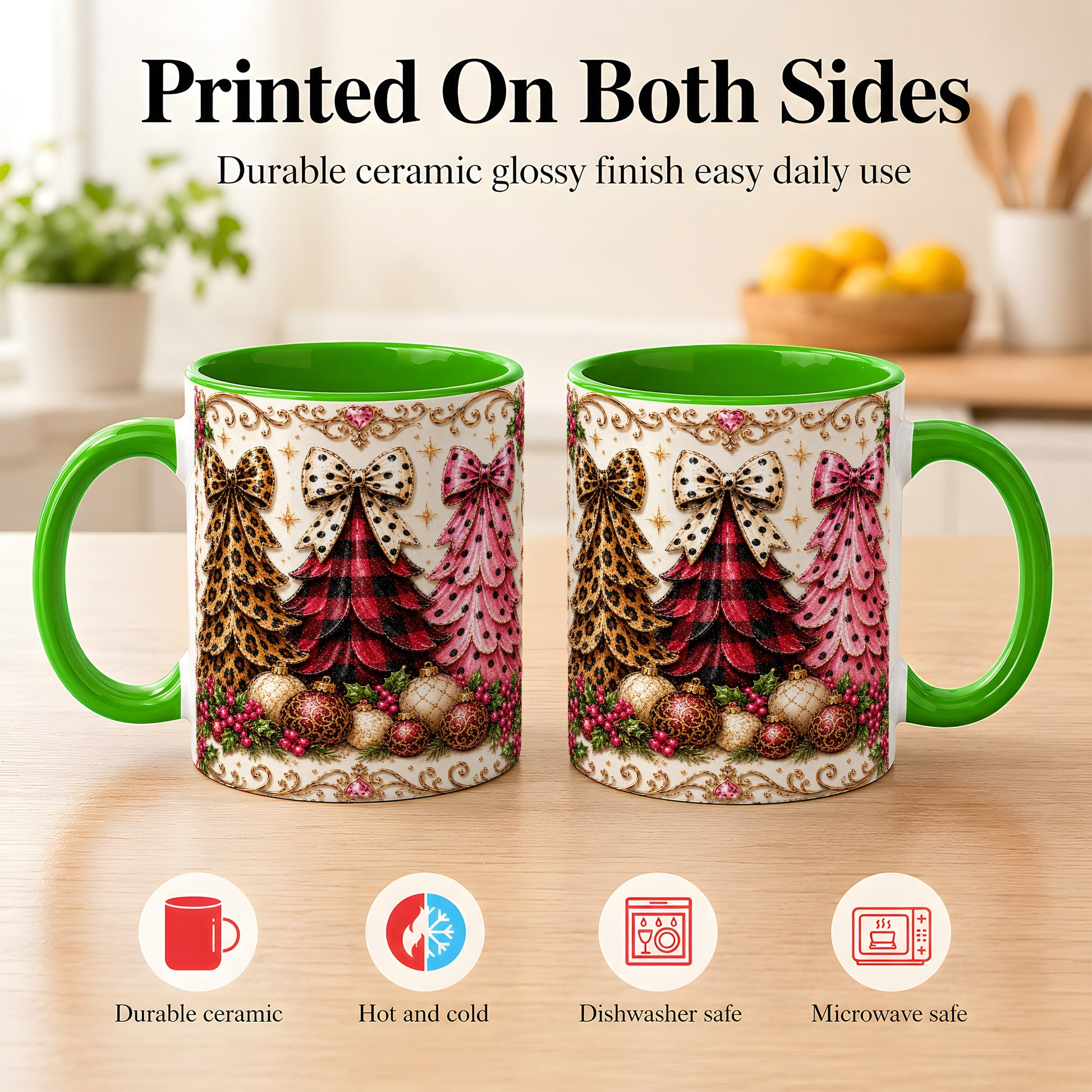 #pl[11oz|Green] Leopard Plaid Christmas Tree Coffee Mug, Holiday Tree Mug, Ceramic Cup