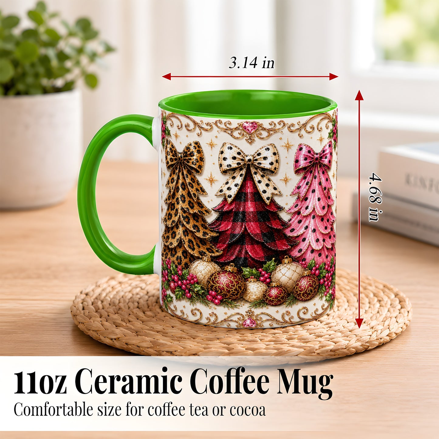 #pl[11oz|Green] Leopard Plaid Christmas Tree Coffee Mug, Holiday Tree Mug, Ceramic Cup