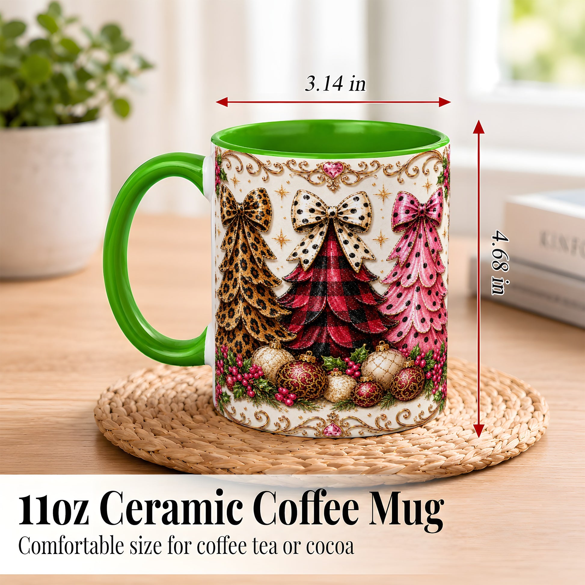 #pl[11oz|Green] Leopard Plaid Christmas Tree Coffee Mug, Holiday Tree Mug, Ceramic Cup