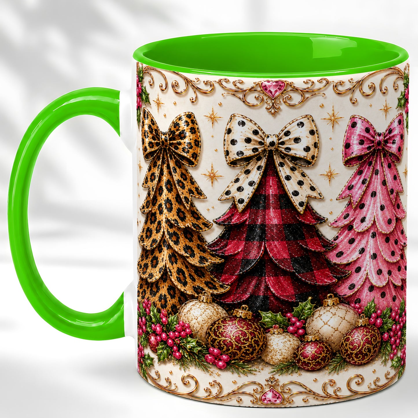 #pl[11oz|Green] Leopard Plaid Christmas Tree Coffee Mug, Holiday Tree Mug, Ceramic Cup