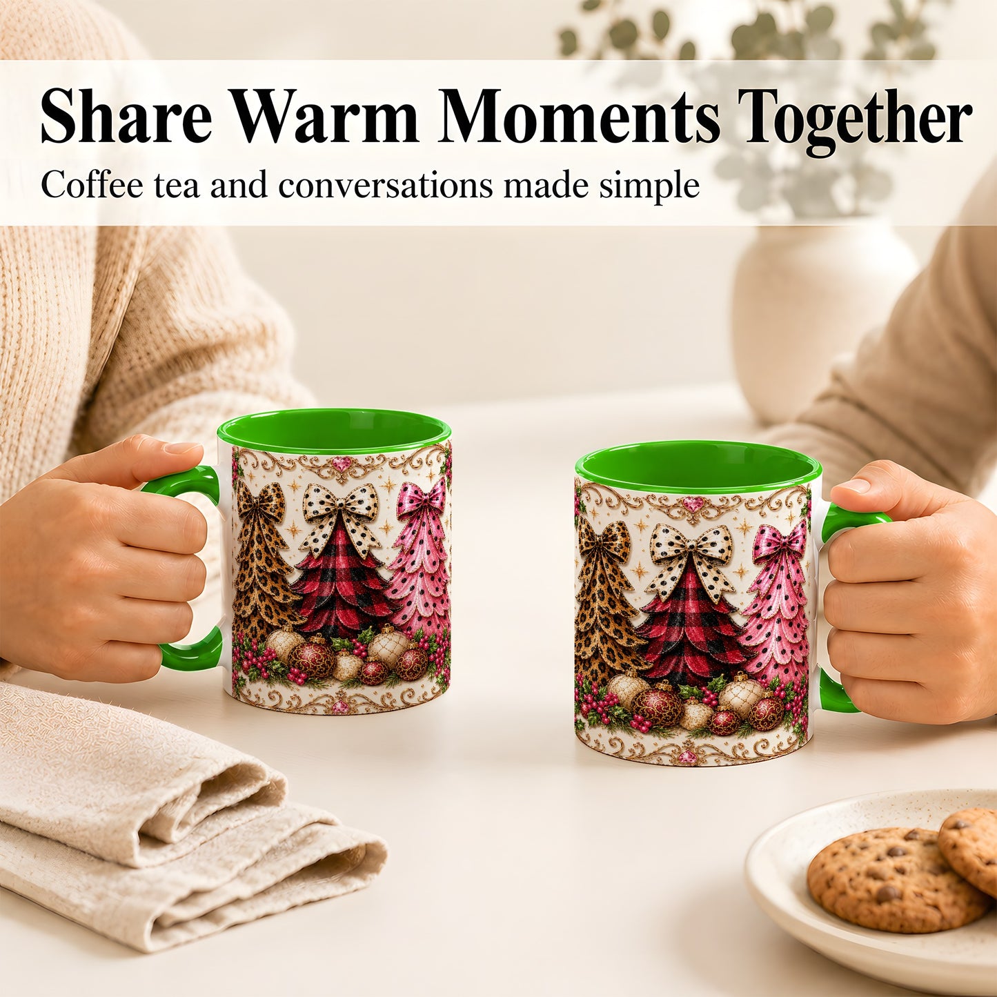 #pl[11oz|Green] Leopard Plaid Christmas Tree Coffee Mug, Holiday Tree Mug, Ceramic Cup