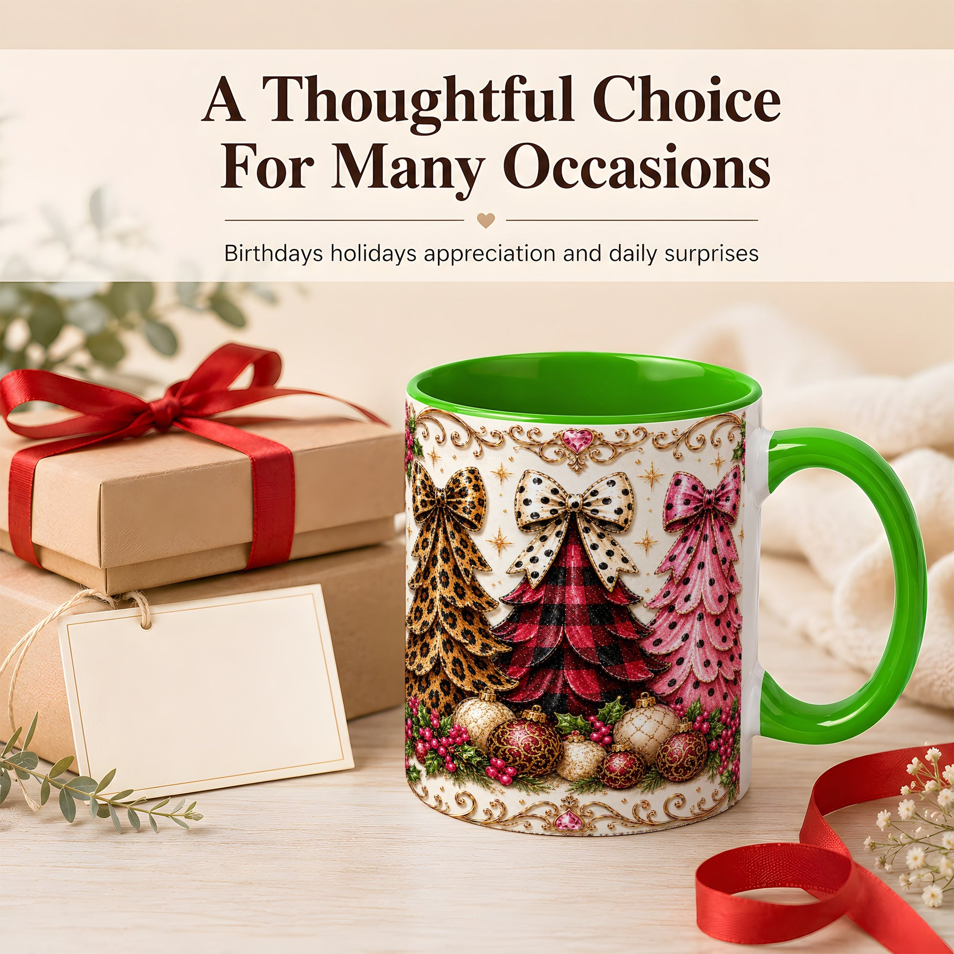 #pl[11oz|Green] Leopard Plaid Christmas Tree Coffee Mug, Holiday Tree Mug, Ceramic Cup