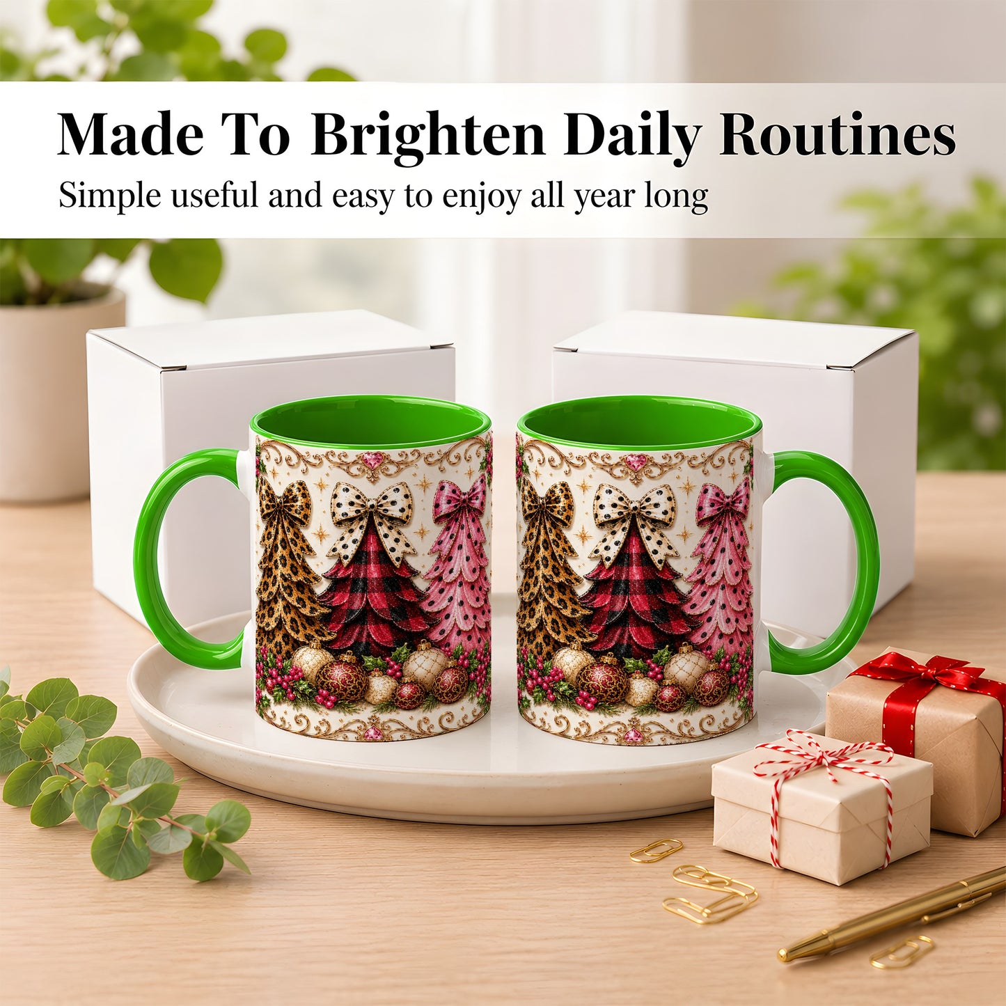 #pl[11oz|Green] Leopard Plaid Christmas Tree Coffee Mug, Holiday Tree Mug, Ceramic Cup