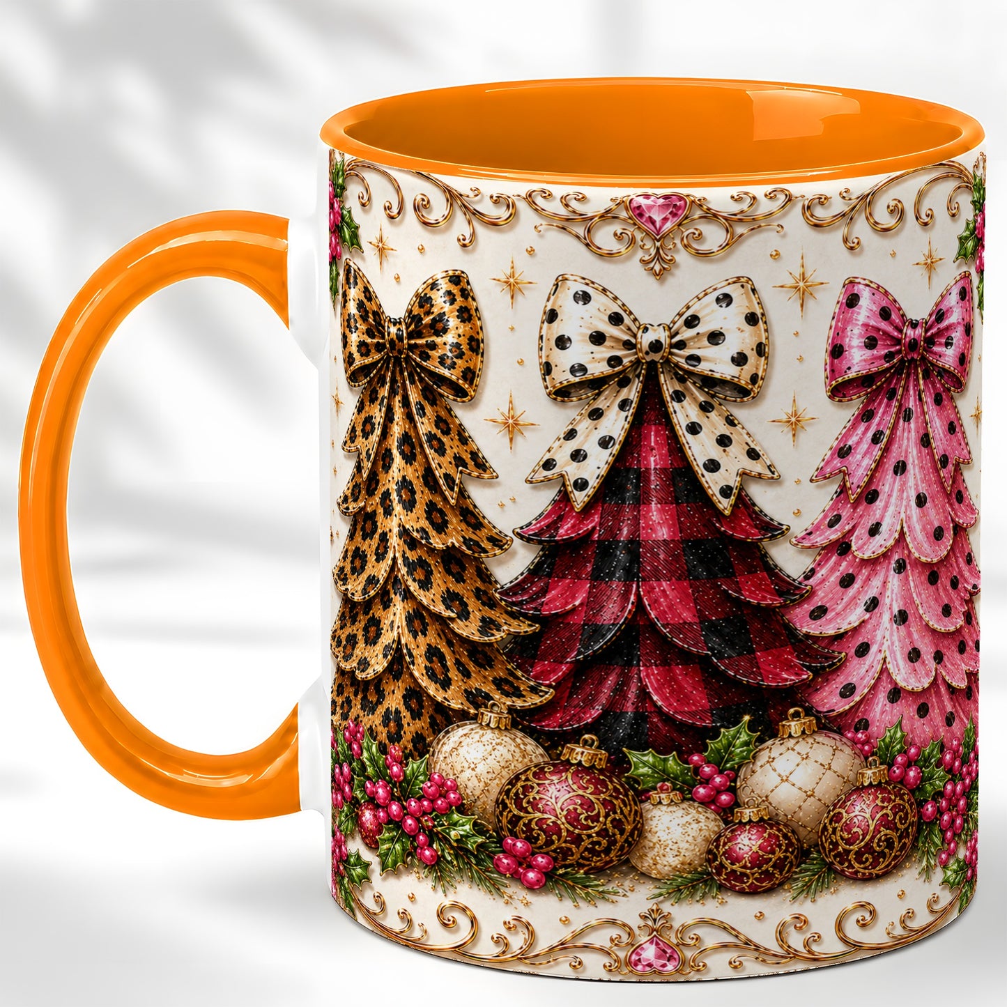 #pl[11oz|Orange] Leopard Plaid Christmas Tree Coffee Mug, Holiday Tree Mug, Ceramic Cup