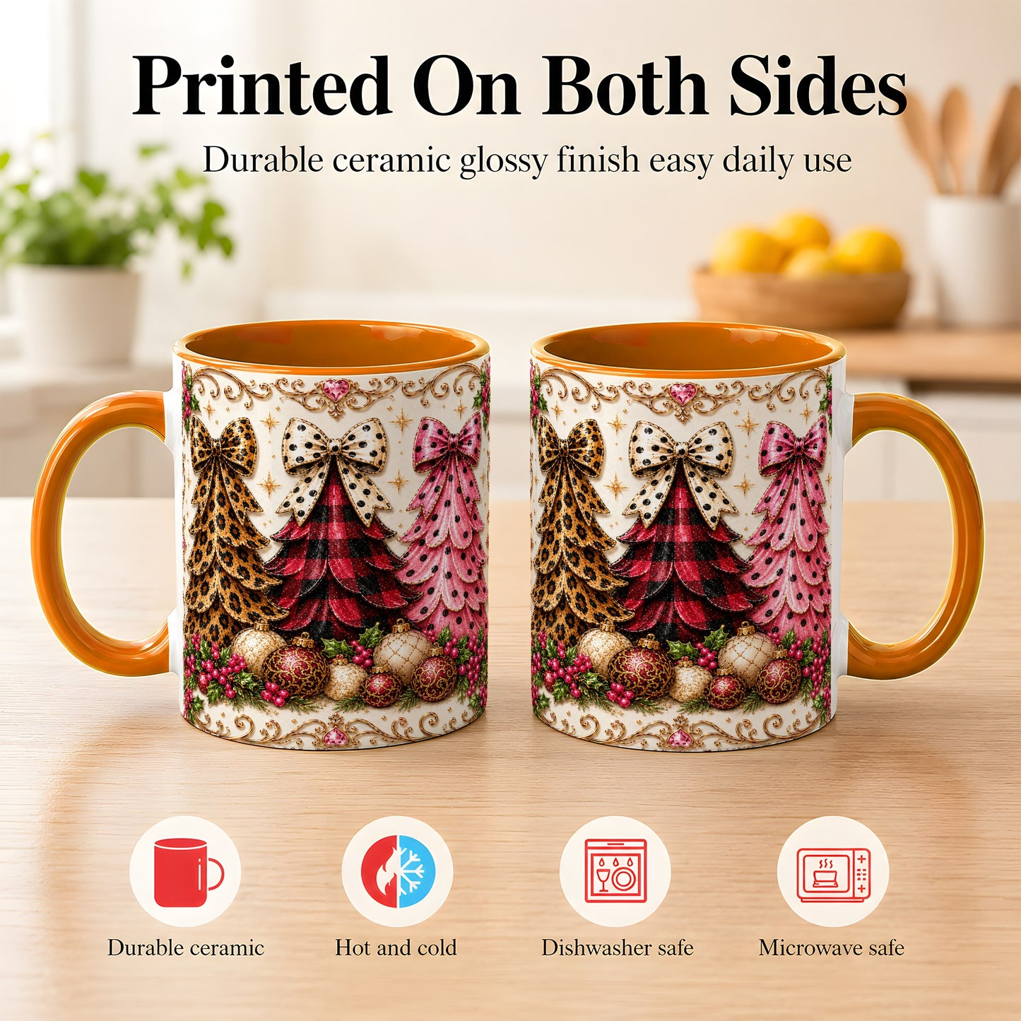 #pl[11oz|Orange] Leopard Plaid Christmas Tree Coffee Mug, Holiday Tree Mug, Ceramic Cup