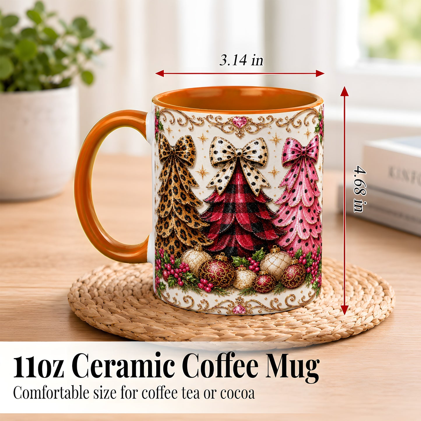 #pl[11oz|Orange] Leopard Plaid Christmas Tree Coffee Mug, Holiday Tree Mug, Ceramic Cup