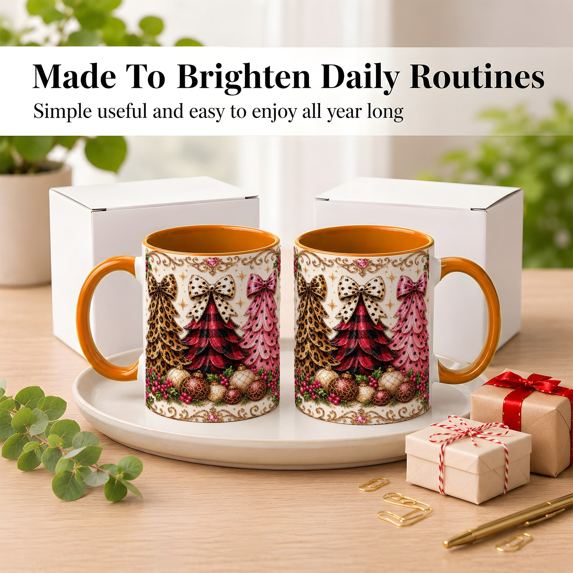 #pl[11oz|Orange] Leopard Plaid Christmas Tree Coffee Mug, Holiday Tree Mug, Ceramic Cup