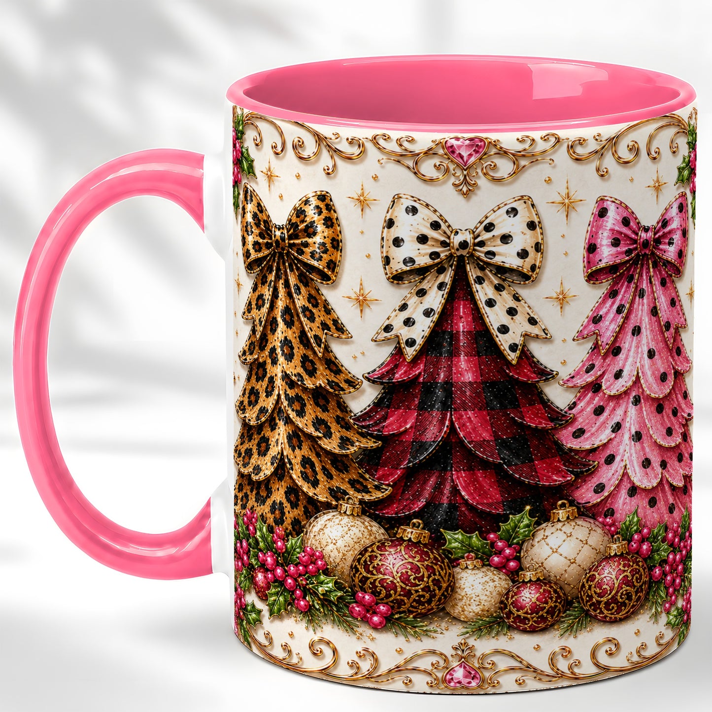 #pl[11oz|Pink] Leopard Plaid Christmas Tree Coffee Mug, Holiday Tree Mug, Ceramic Cup