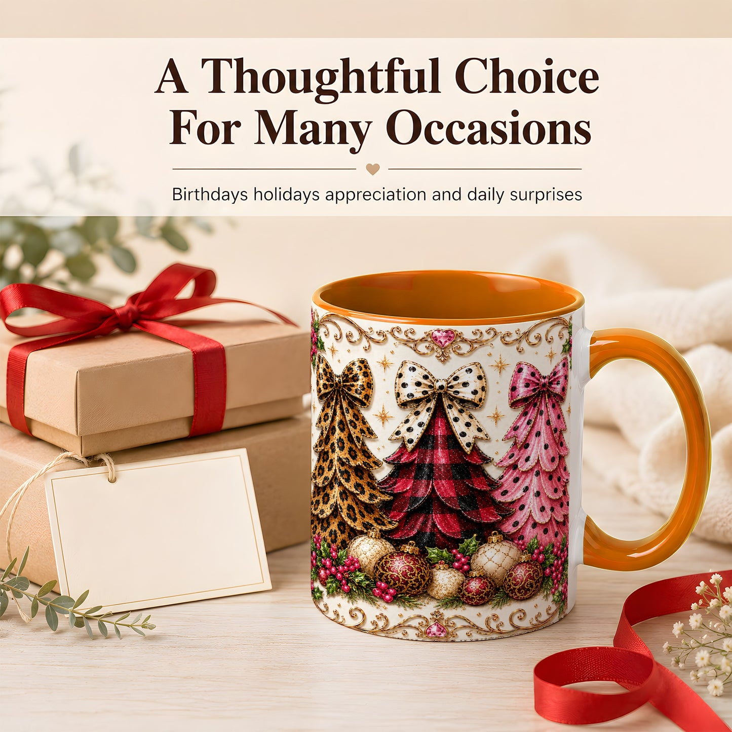 #pl[11oz|Orange] Leopard Plaid Christmas Tree Coffee Mug, Holiday Tree Mug, Ceramic Cup