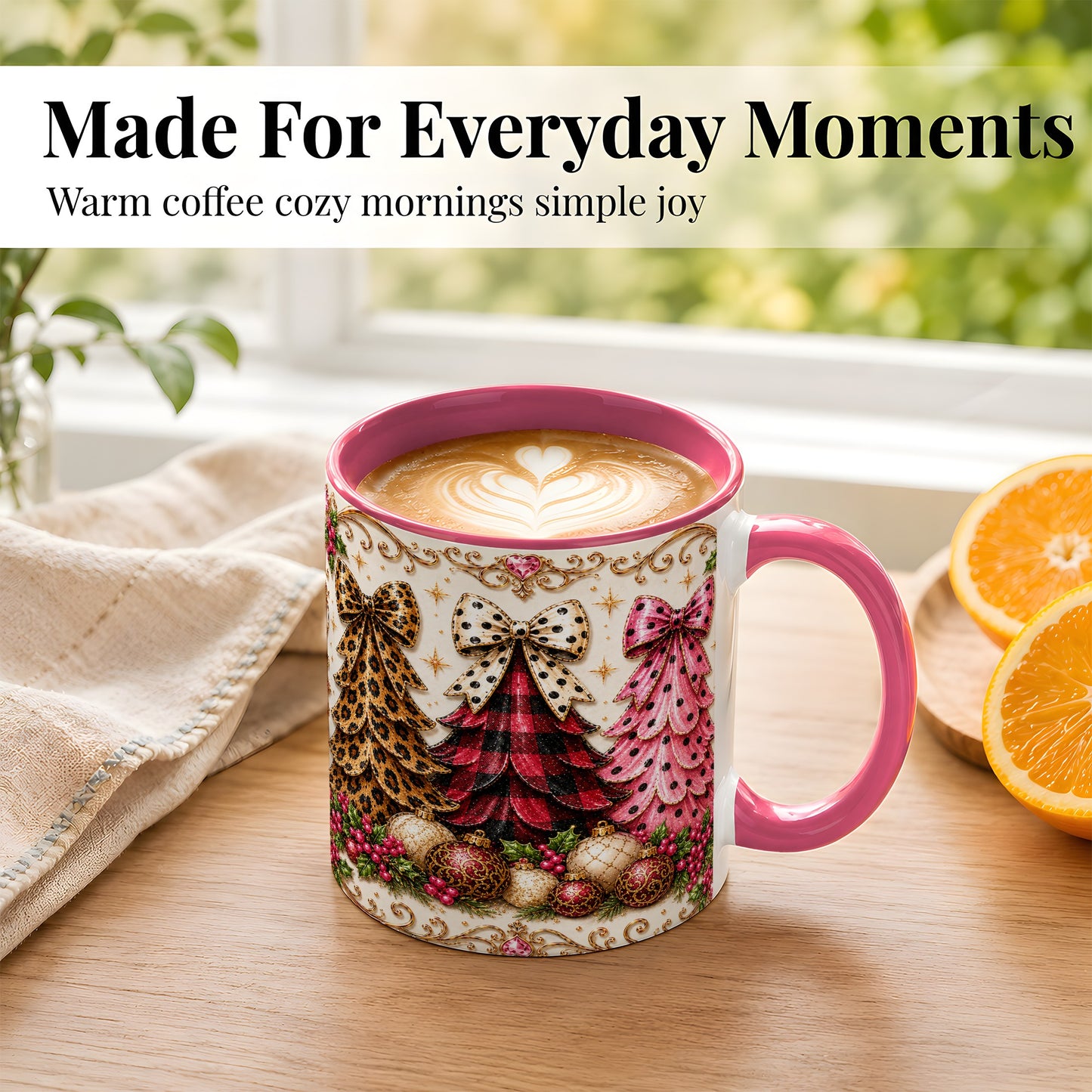#pl[11oz|Pink] Leopard Plaid Christmas Tree Coffee Mug, Holiday Tree Mug, Ceramic Cup