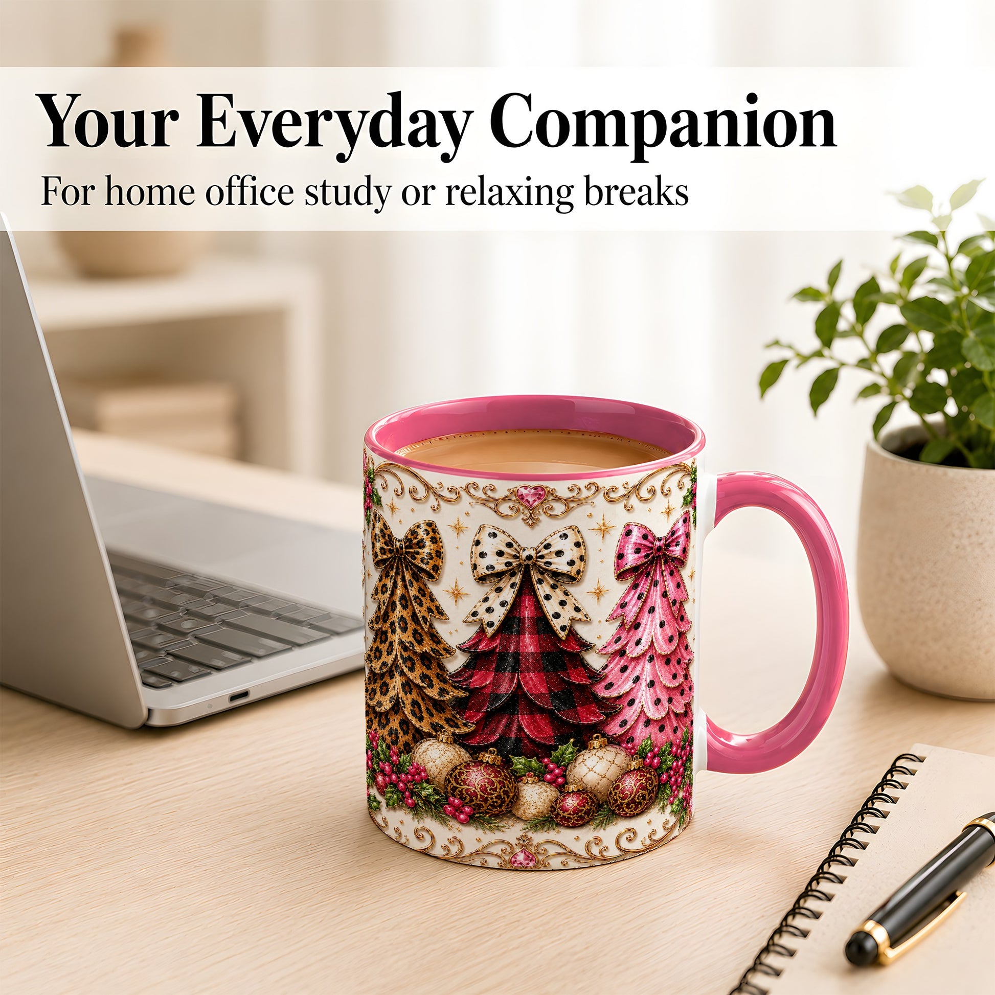 #pl[11oz|Pink] Leopard Plaid Christmas Tree Coffee Mug, Holiday Tree Mug, Ceramic Cup