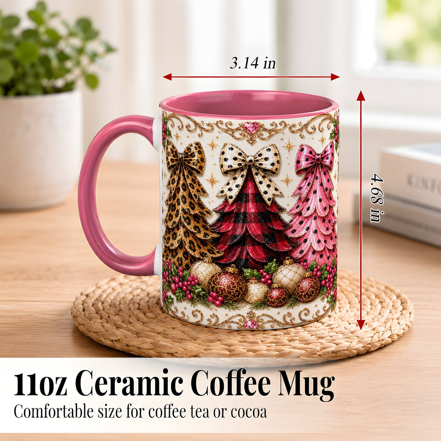 #pl[11oz|Pink] Leopard Plaid Christmas Tree Coffee Mug, Holiday Tree Mug, Ceramic Cup