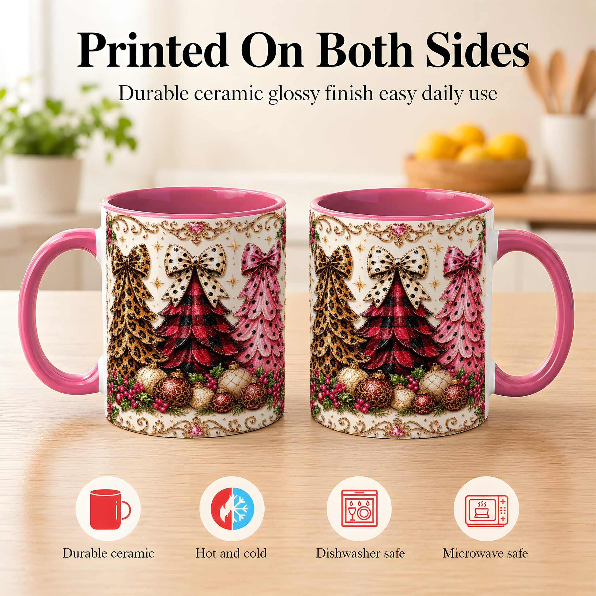 #pl[11oz|Pink] Leopard Plaid Christmas Tree Coffee Mug, Holiday Tree Mug, Ceramic Cup