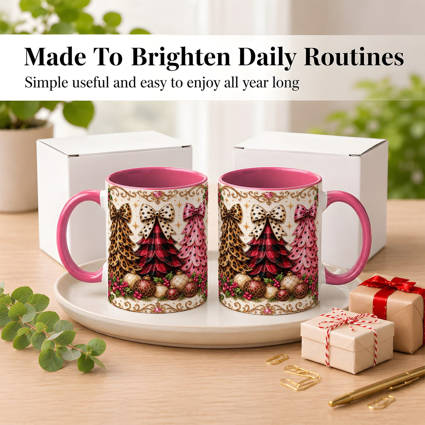#pl[11oz|Pink] Leopard Plaid Christmas Tree Coffee Mug, Holiday Tree Mug, Ceramic Cup