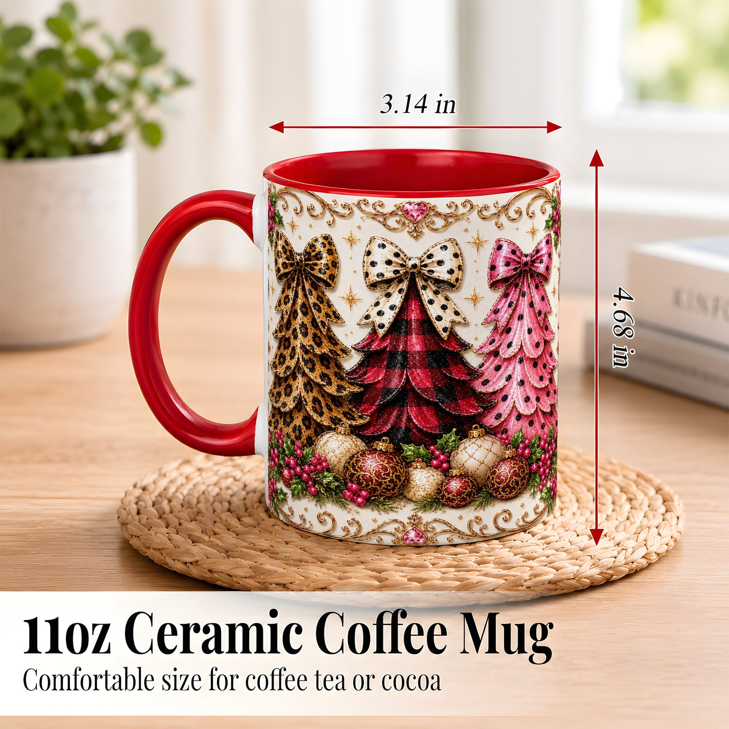 #pl[11oz|Red] Leopard Plaid Christmas Tree Coffee Mug, Holiday Tree Mug, Ceramic Cup
