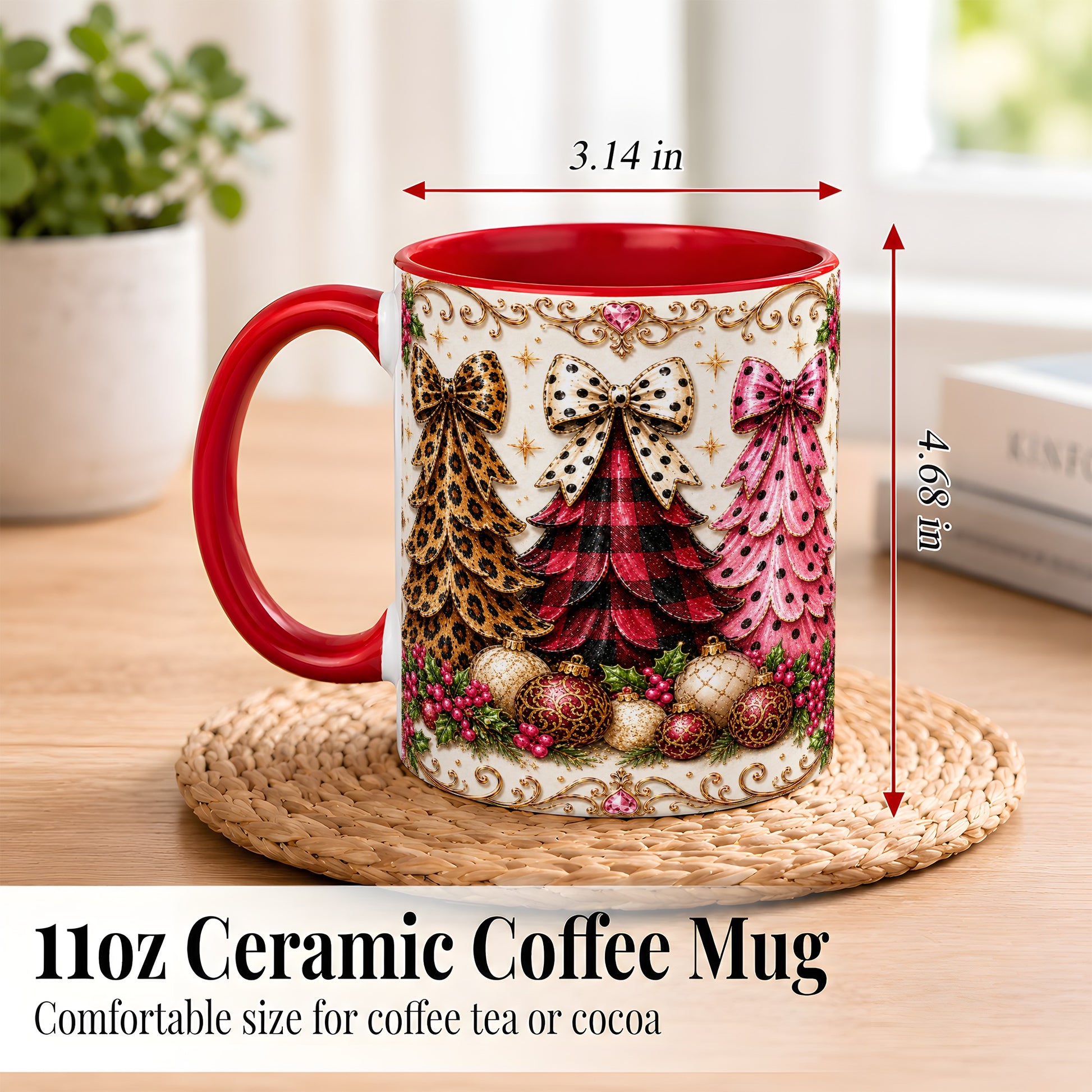 #pl[11oz|Red] Leopard Plaid Christmas Tree Coffee Mug, Holiday Tree Mug, Ceramic Cup