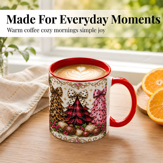 #pl[11oz|Red] Leopard Plaid Christmas Tree Coffee Mug, Holiday Tree Mug, Ceramic Cup