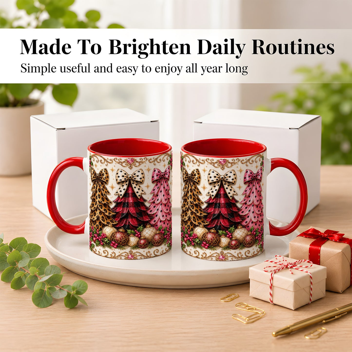 #pl[11oz|Red] Leopard Plaid Christmas Tree Coffee Mug, Holiday Tree Mug, Ceramic Cup