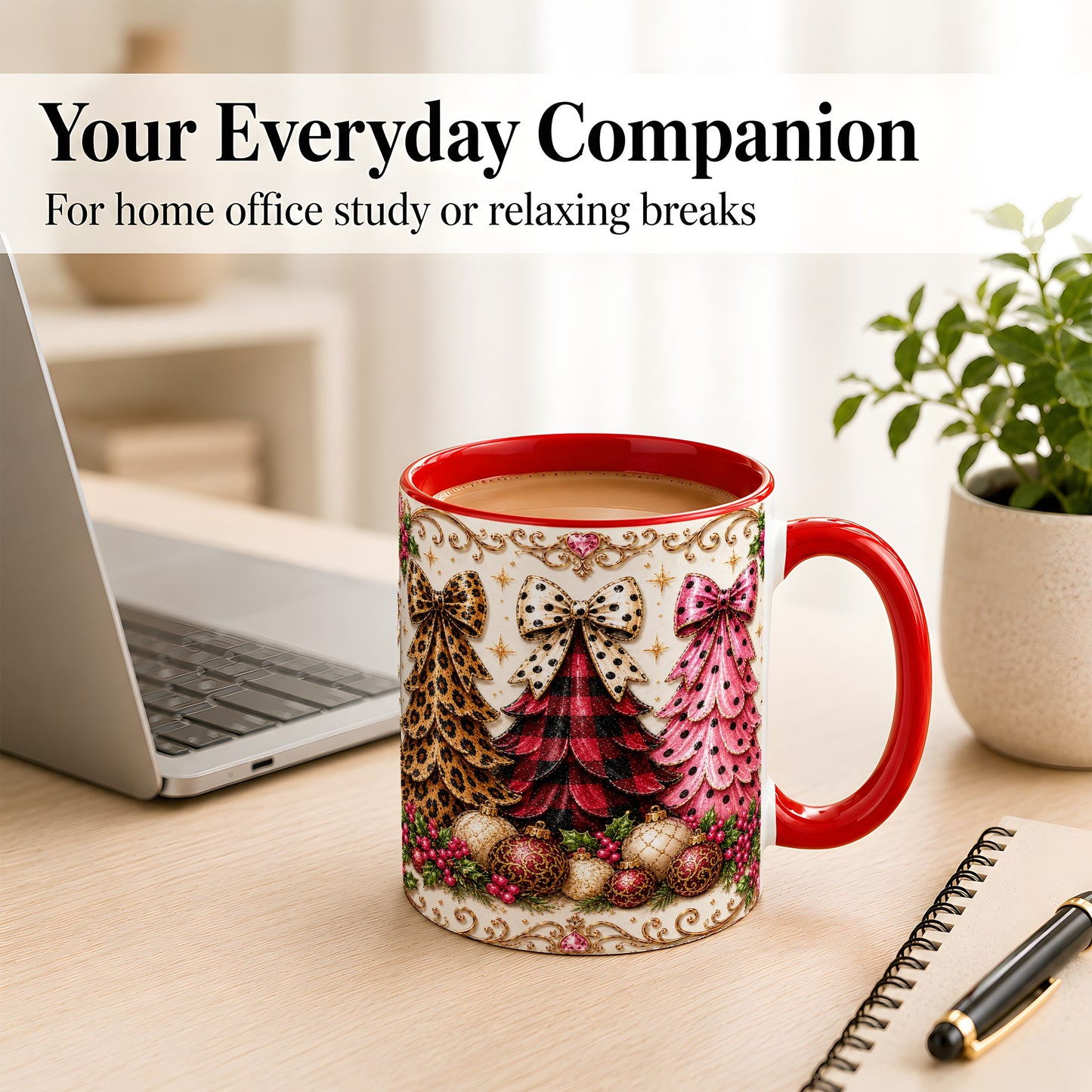 #pl[11oz|Red] Leopard Plaid Christmas Tree Coffee Mug, Holiday Tree Mug, Ceramic Cup