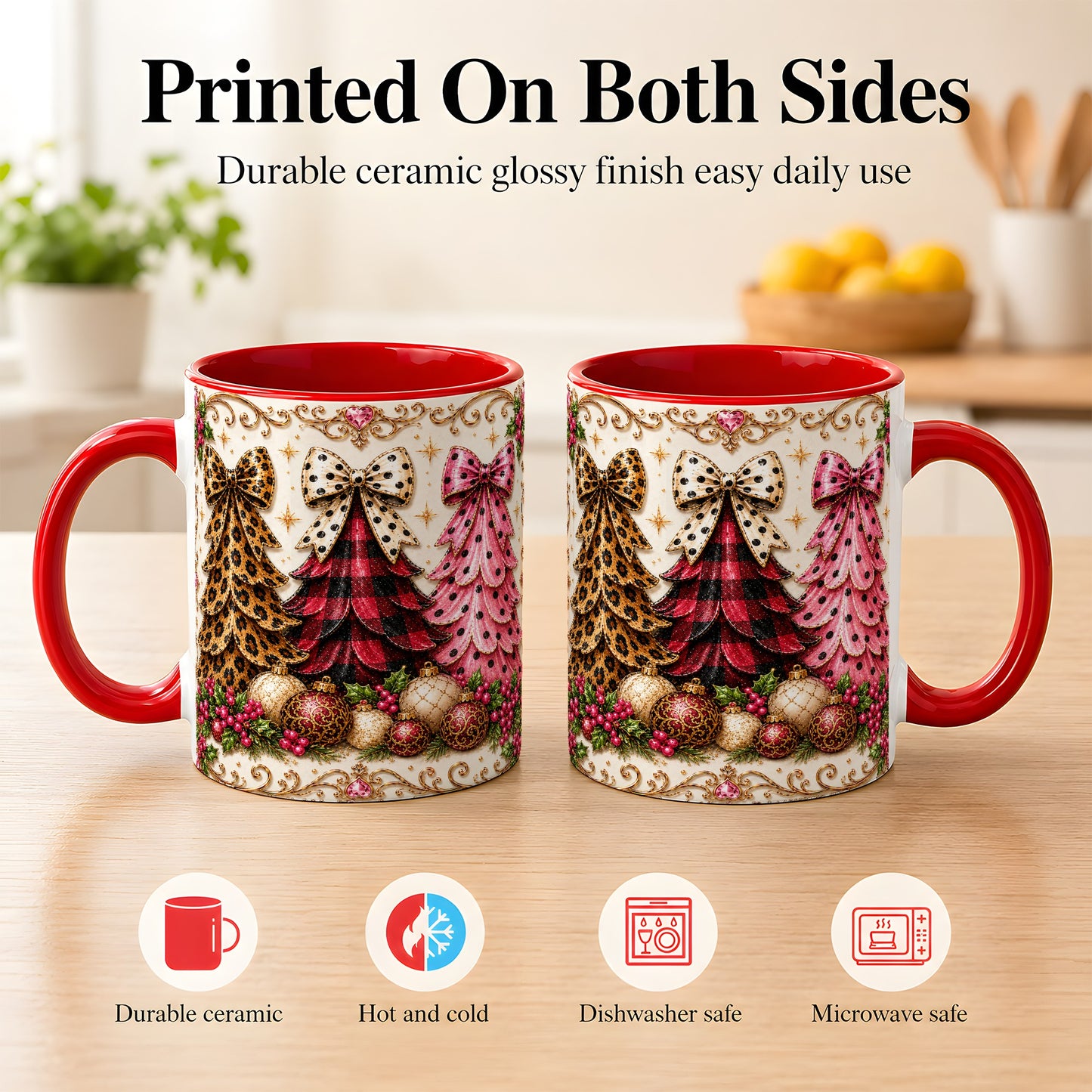#pl[11oz|Red] Leopard Plaid Christmas Tree Coffee Mug, Holiday Tree Mug, Ceramic Cup