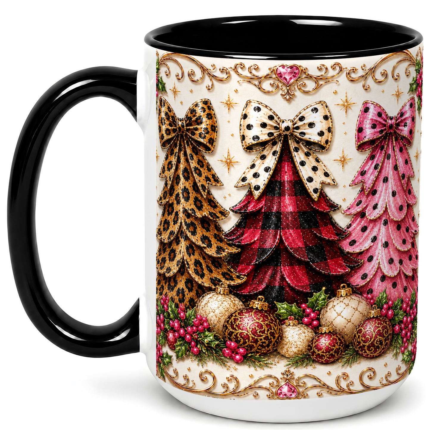 #pl[15oz|Black] Leopard Plaid Christmas Tree Coffee Mug, Holiday Tree Mug, Ceramic Cup