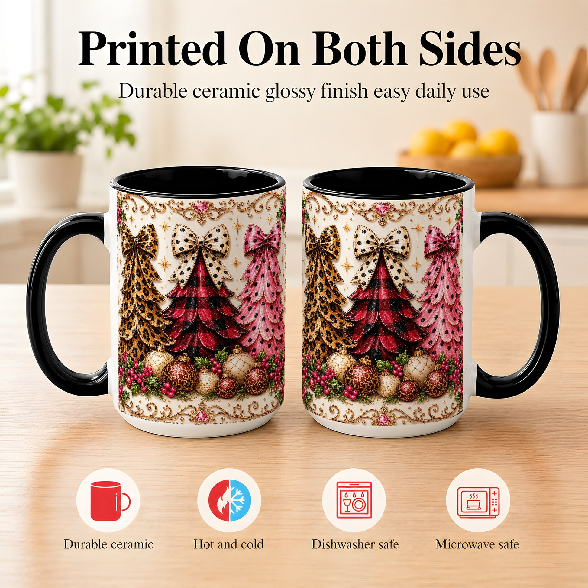 #pl[15oz|Black] Leopard Plaid Christmas Tree Coffee Mug, Holiday Tree Mug, Ceramic Cup