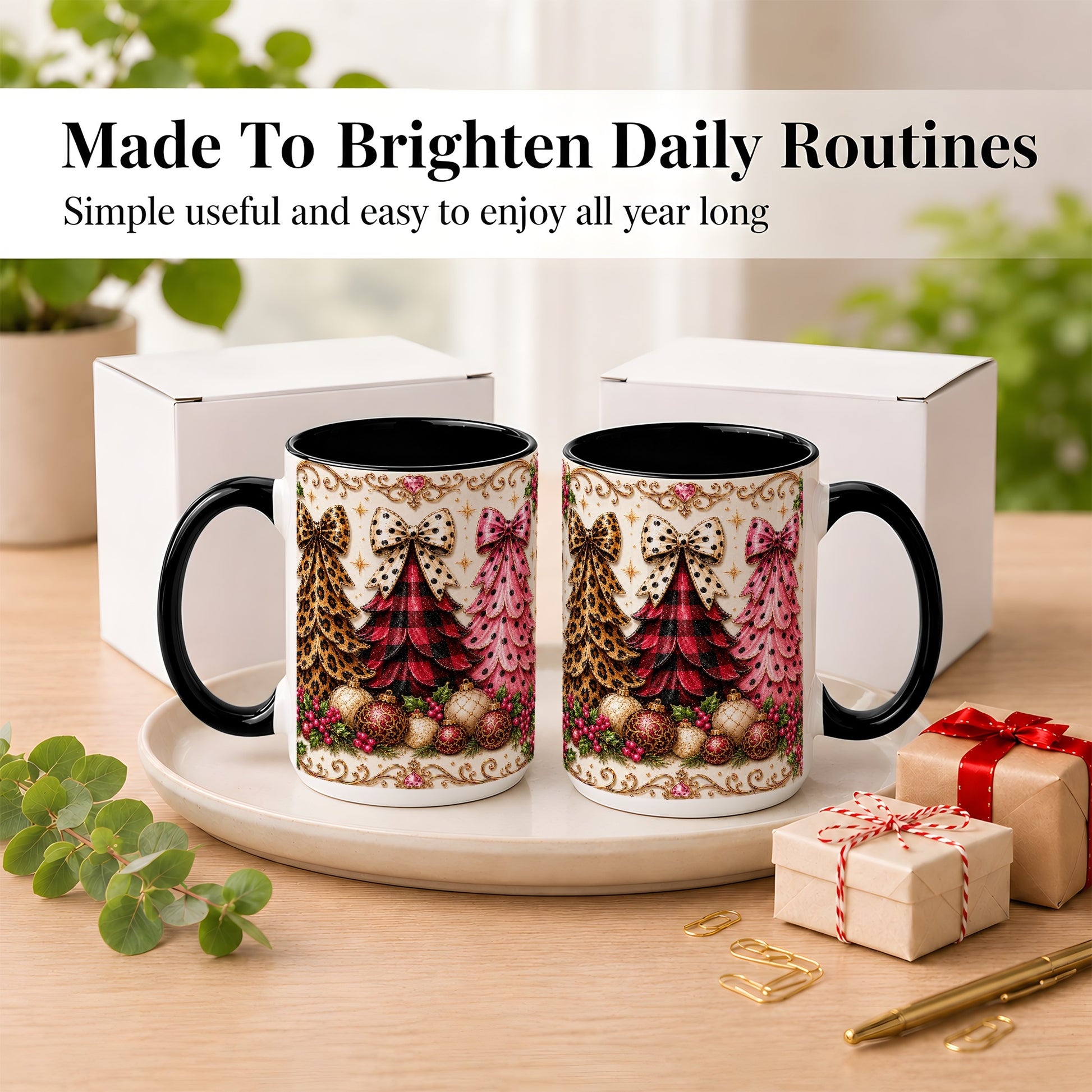 #pl[15oz|Black] Leopard Plaid Christmas Tree Coffee Mug, Holiday Tree Mug, Ceramic Cup