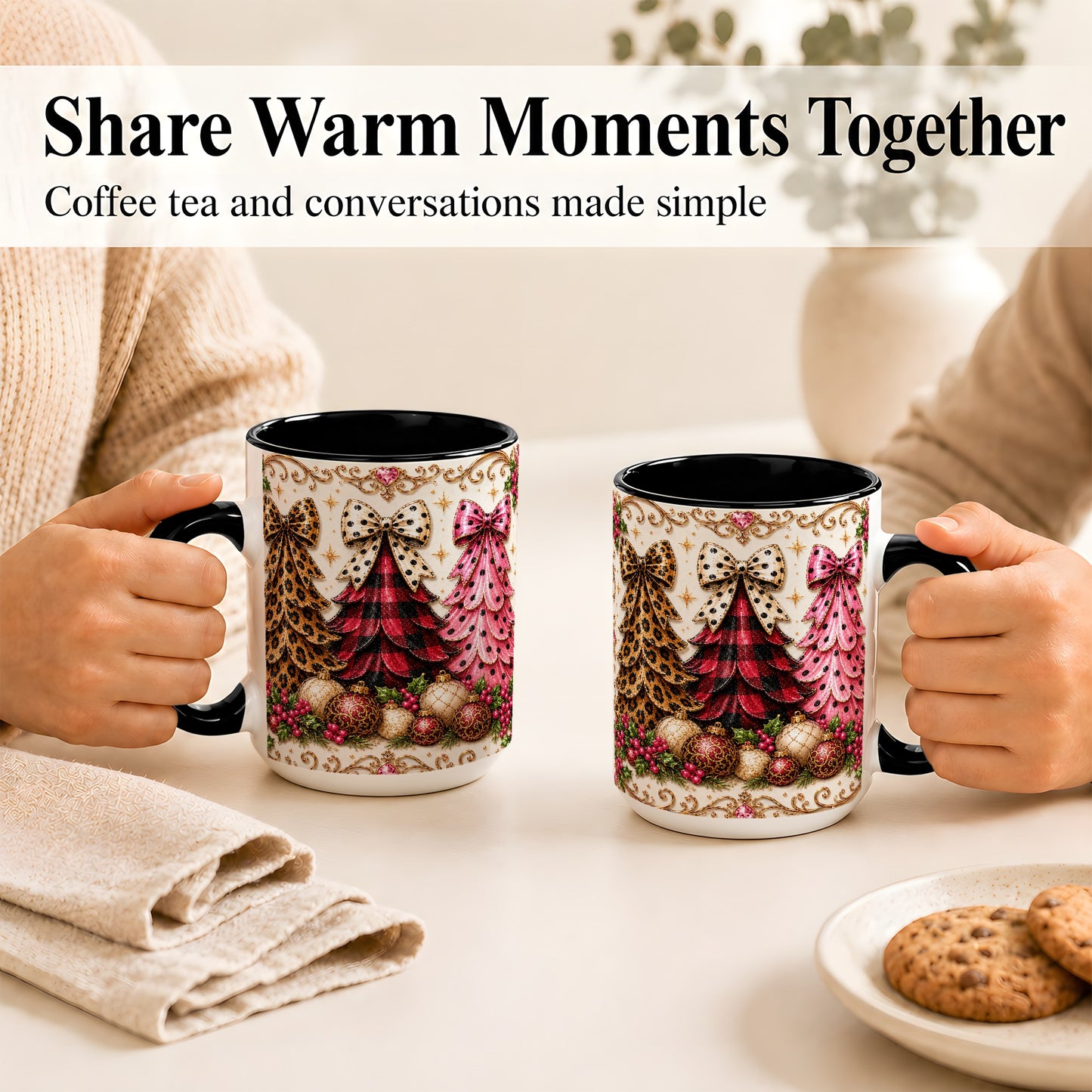 #pl[15oz|Black] Leopard Plaid Christmas Tree Coffee Mug, Holiday Tree Mug, Ceramic Cup