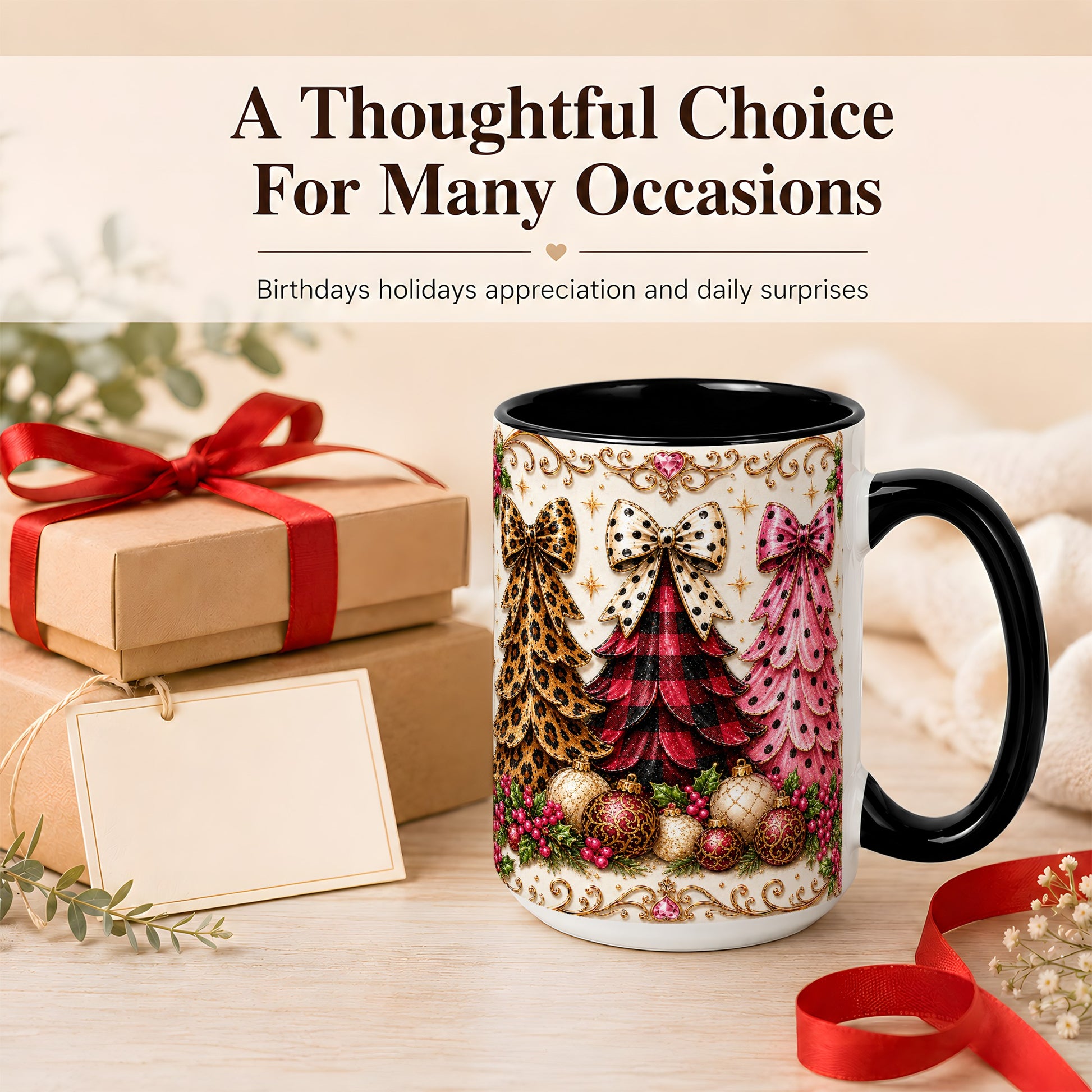 #pl[15oz|Black] Leopard Plaid Christmas Tree Coffee Mug, Holiday Tree Mug, Ceramic Cup