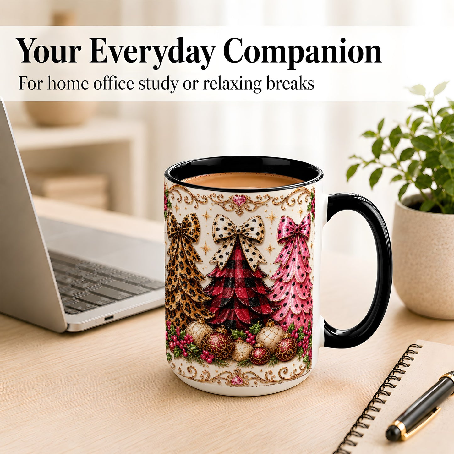 #pl[15oz|Black] Leopard Plaid Christmas Tree Coffee Mug, Holiday Tree Mug, Ceramic Cup