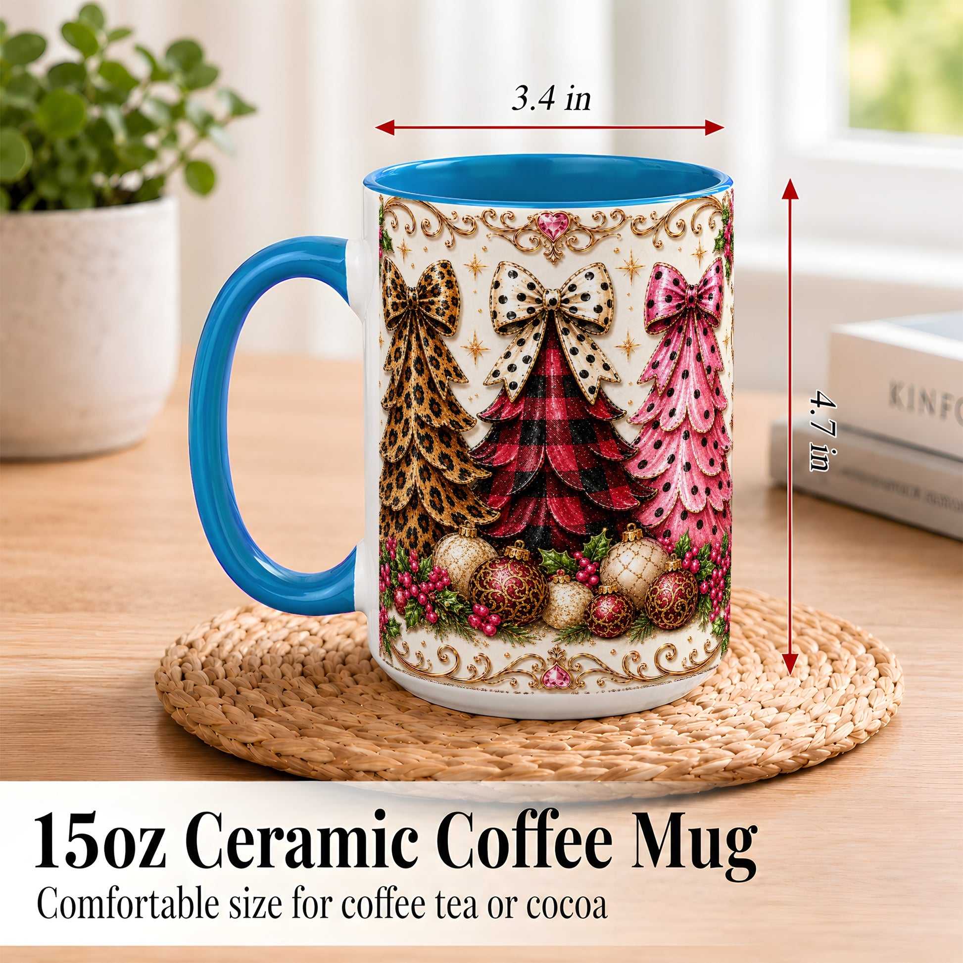 #pl[15oz|Blue] Leopard Plaid Christmas Tree Coffee Mug, Holiday Tree Mug, Ceramic Cup