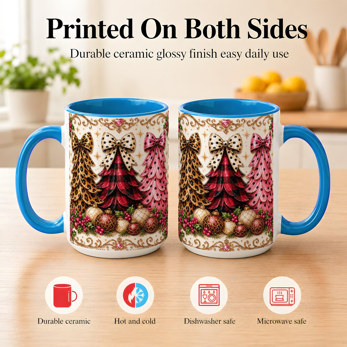 #pl[15oz|Blue] Leopard Plaid Christmas Tree Coffee Mug, Holiday Tree Mug, Ceramic Cup