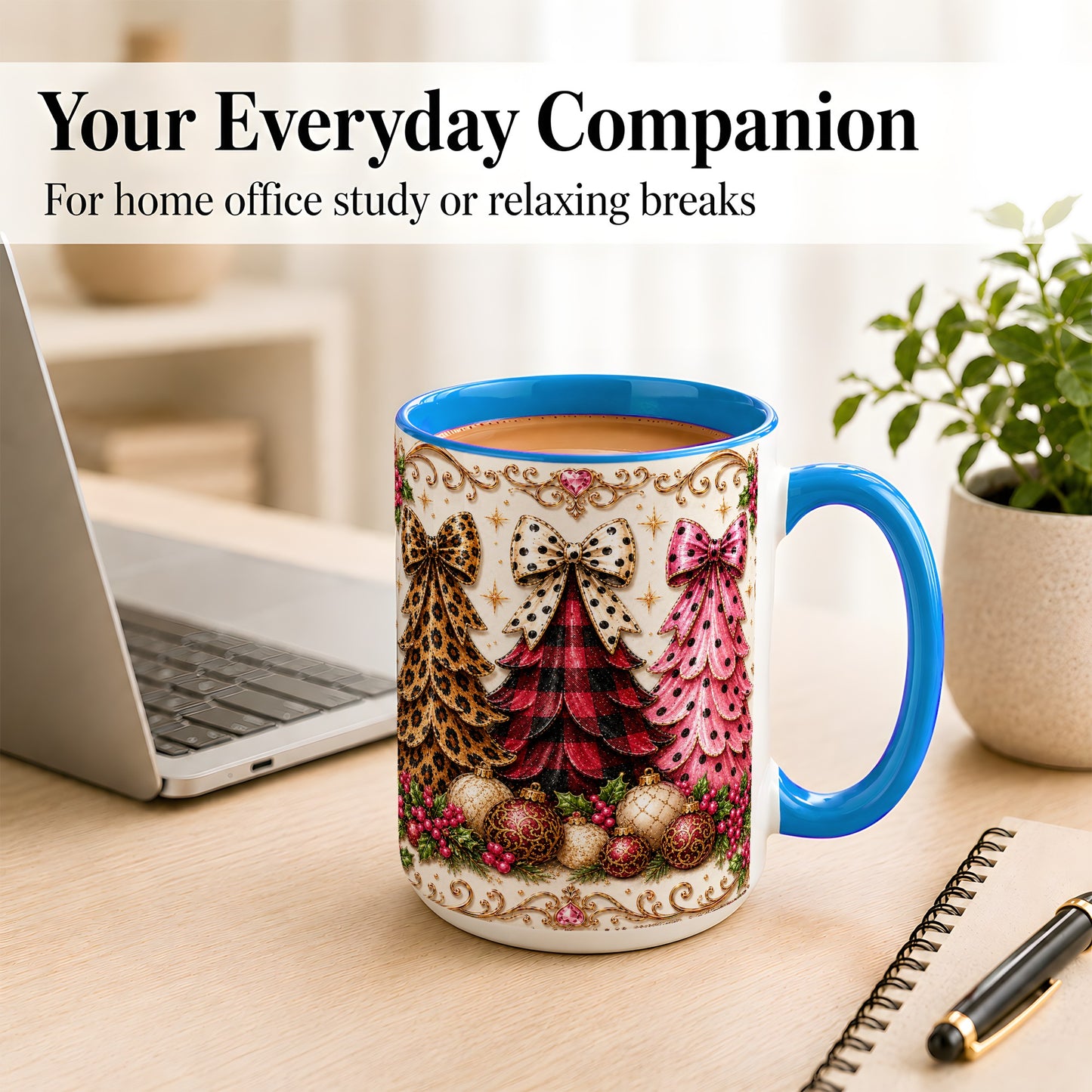 #pl[15oz|Blue] Leopard Plaid Christmas Tree Coffee Mug, Holiday Tree Mug, Ceramic Cup