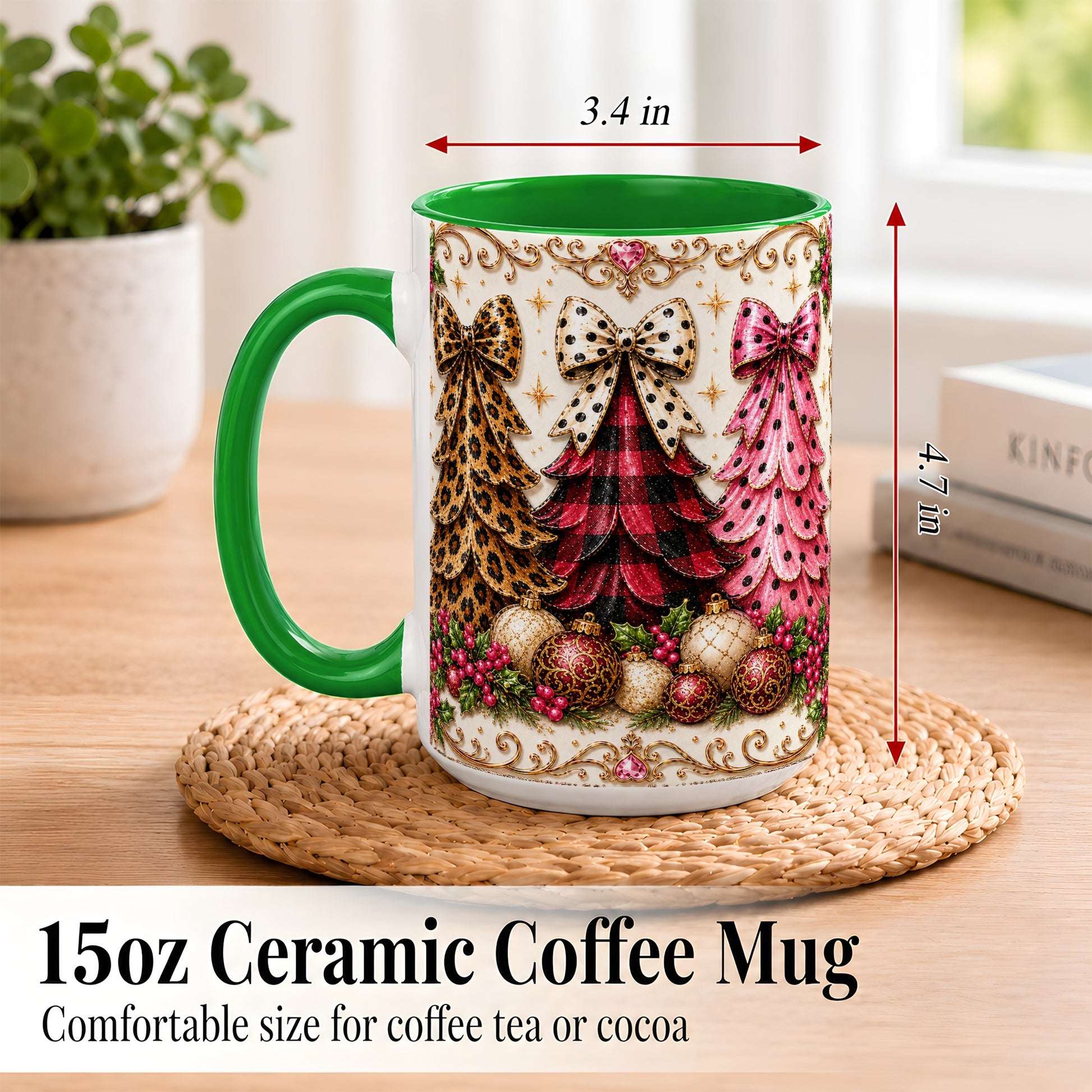 #pl[15oz|Green] Leopard Plaid Christmas Tree Coffee Mug, Holiday Tree Mug, Ceramic Cup