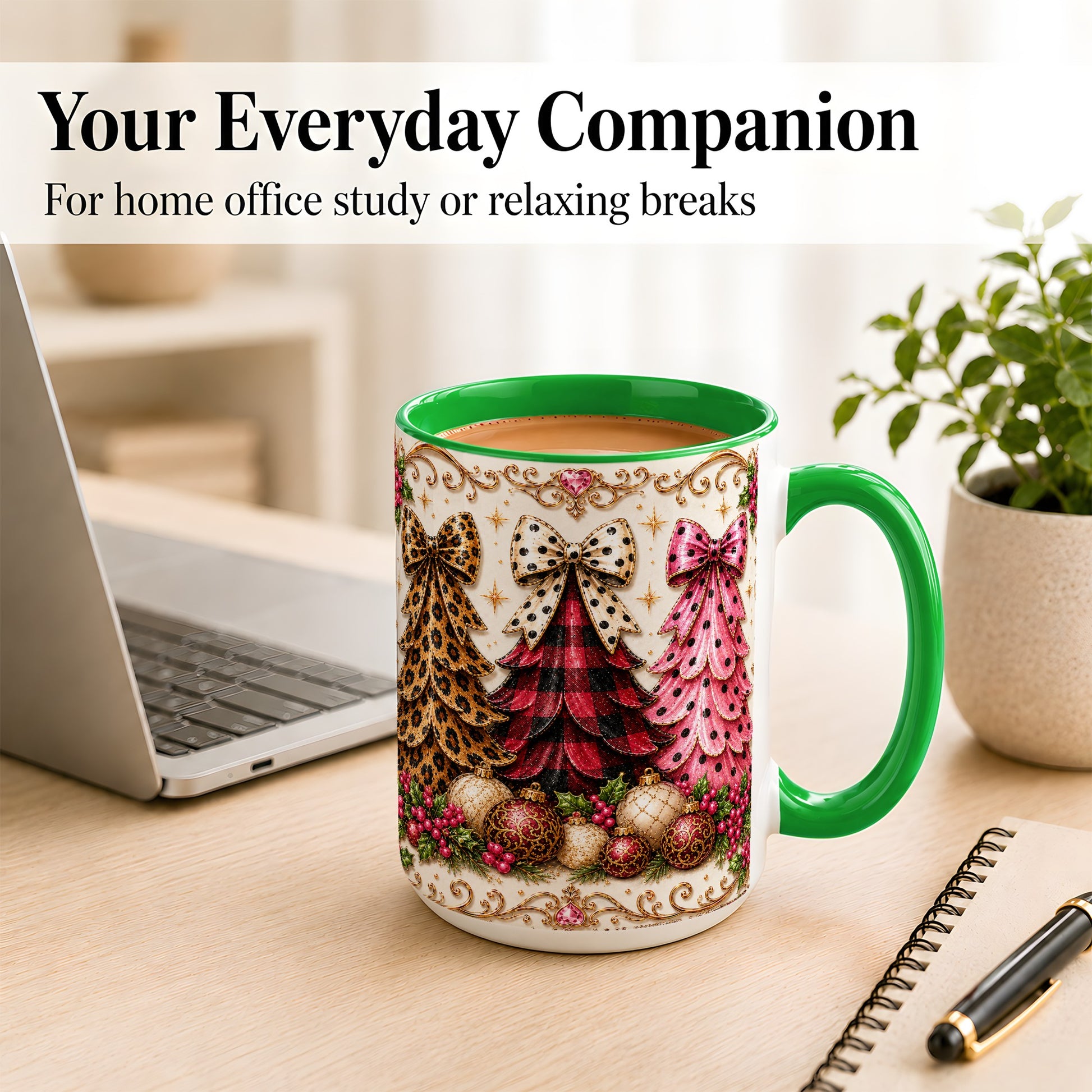 #pl[15oz|Green] Leopard Plaid Christmas Tree Coffee Mug, Holiday Tree Mug, Ceramic Cup
