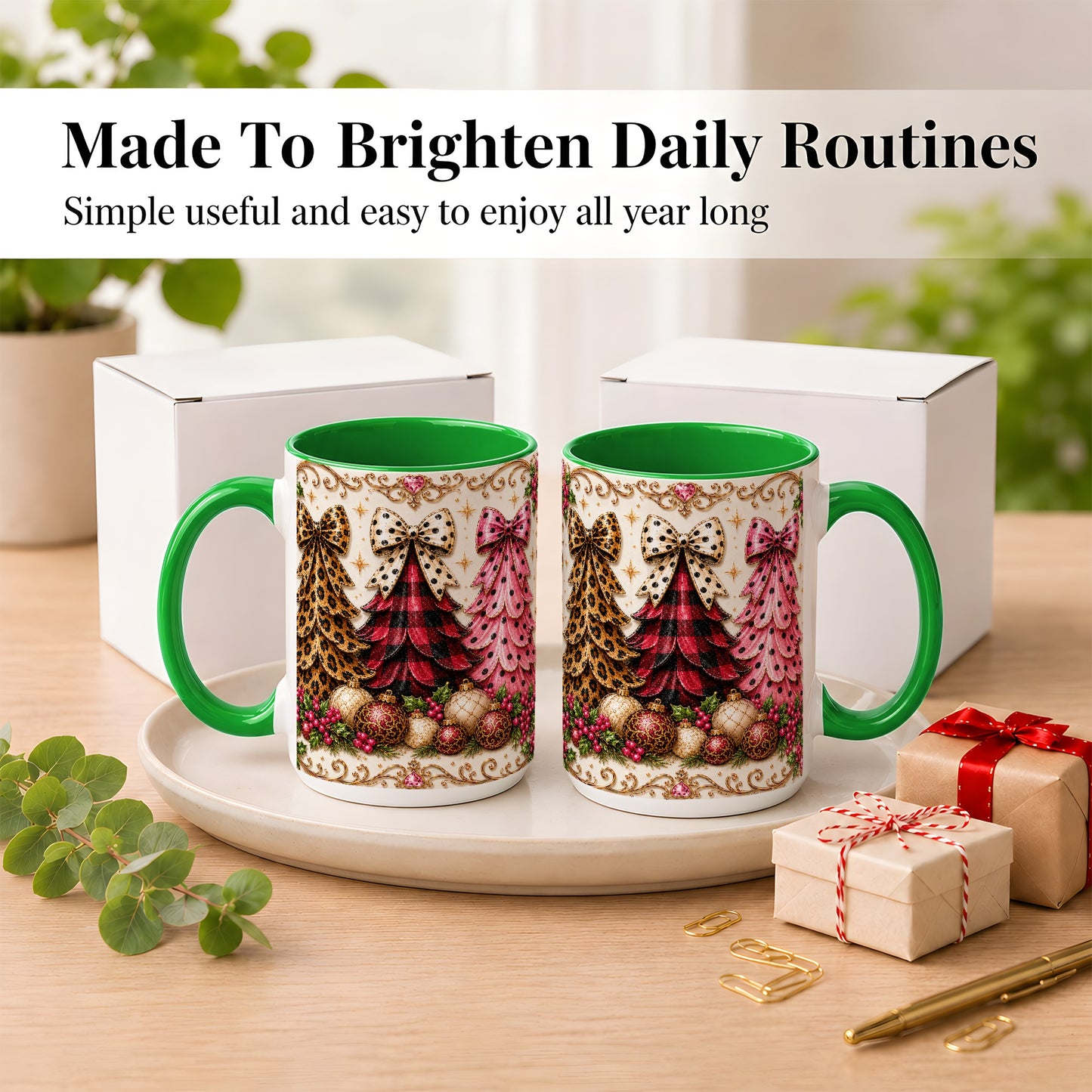 #pl[15oz|Green] Leopard Plaid Christmas Tree Coffee Mug, Holiday Tree Mug, Ceramic Cup